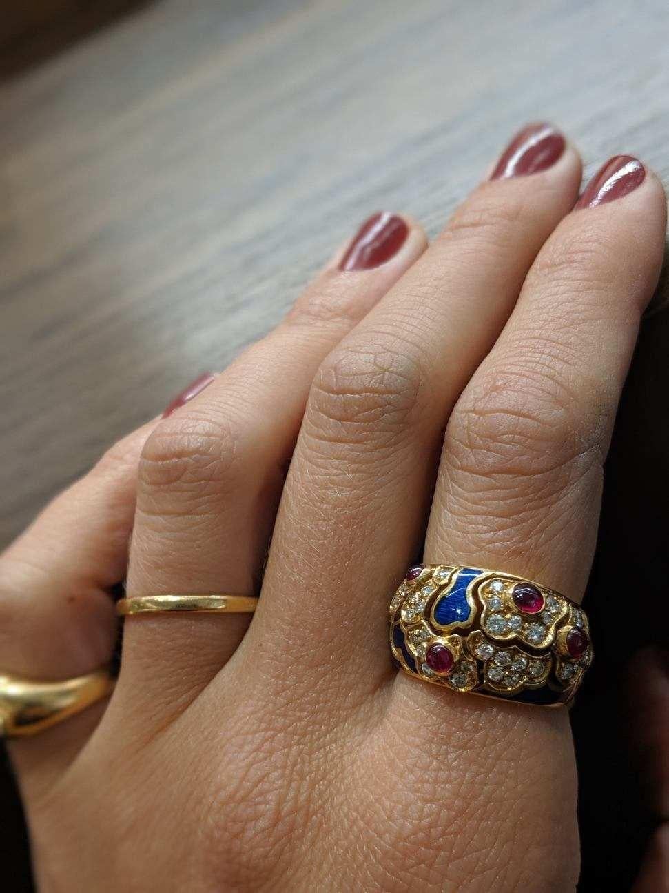 Women's or Men's 18 Karat Yellow Gold Ring with Rubies, Diamonds and Enamel