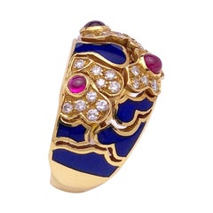 18 Karat Yellow Gold Ring with Rubies, Diamonds and Enamel