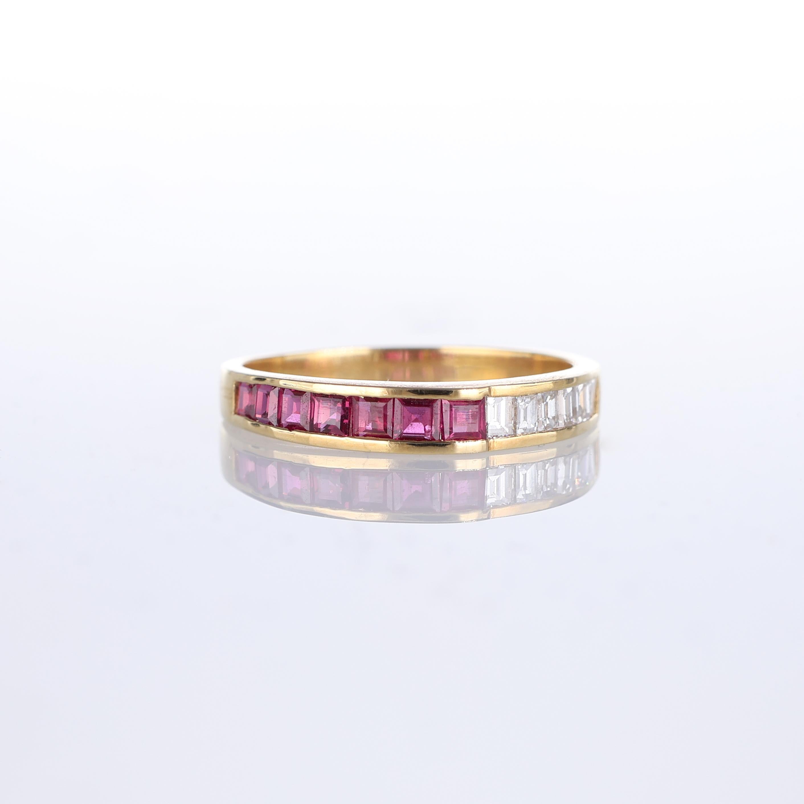 IMPORTANT NOTE:
✔ No additional costs will be added to this order.
✔ Shipping and customs duties are fully covered by us.
--------------------
This refined 18kt yellow gold ring features an elegant design with alternating ruby and diamond baguettes.