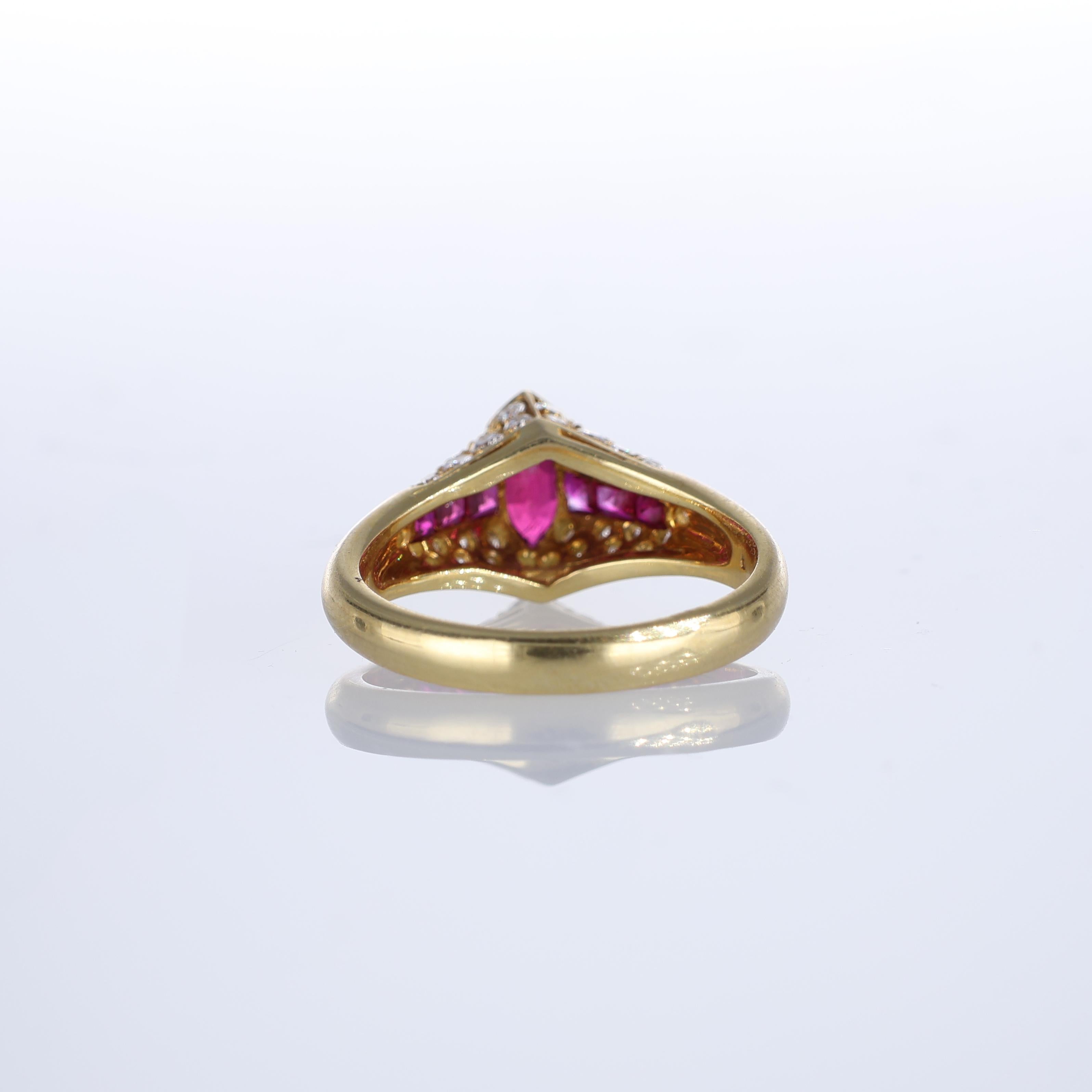 Women's or Men's 18kt Yellow Gold Ring with Ruby Baguettes and Diamonds For Sale