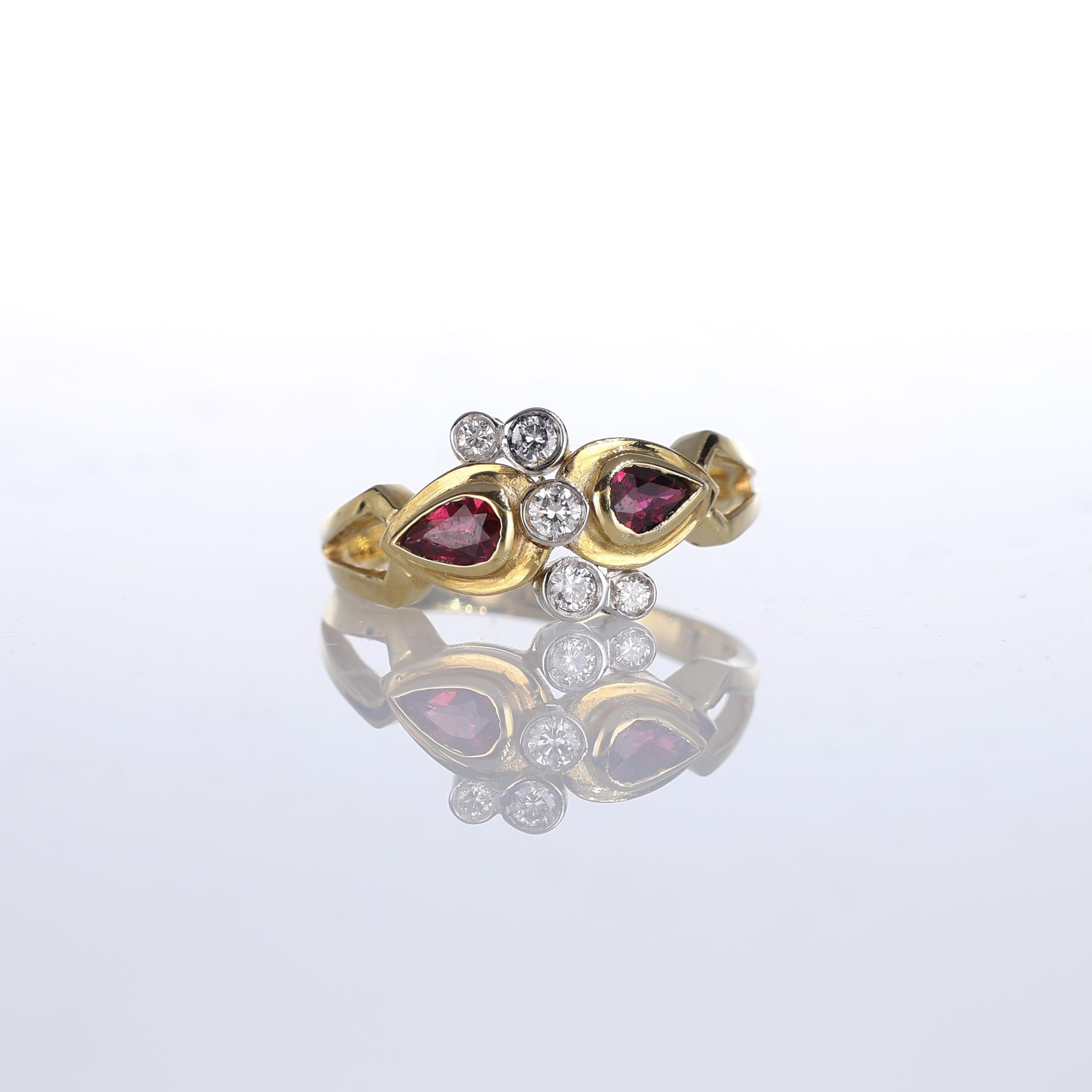 IMPORTANT NOTE:
✔ No additional costs will be added to this order.
✔ Shipping and customs duties are fully covered by us.
--------------------
A delicate and refined ring crafted in 18kt yellow gold, featuring two pear-shaped rubies totaling 0.28