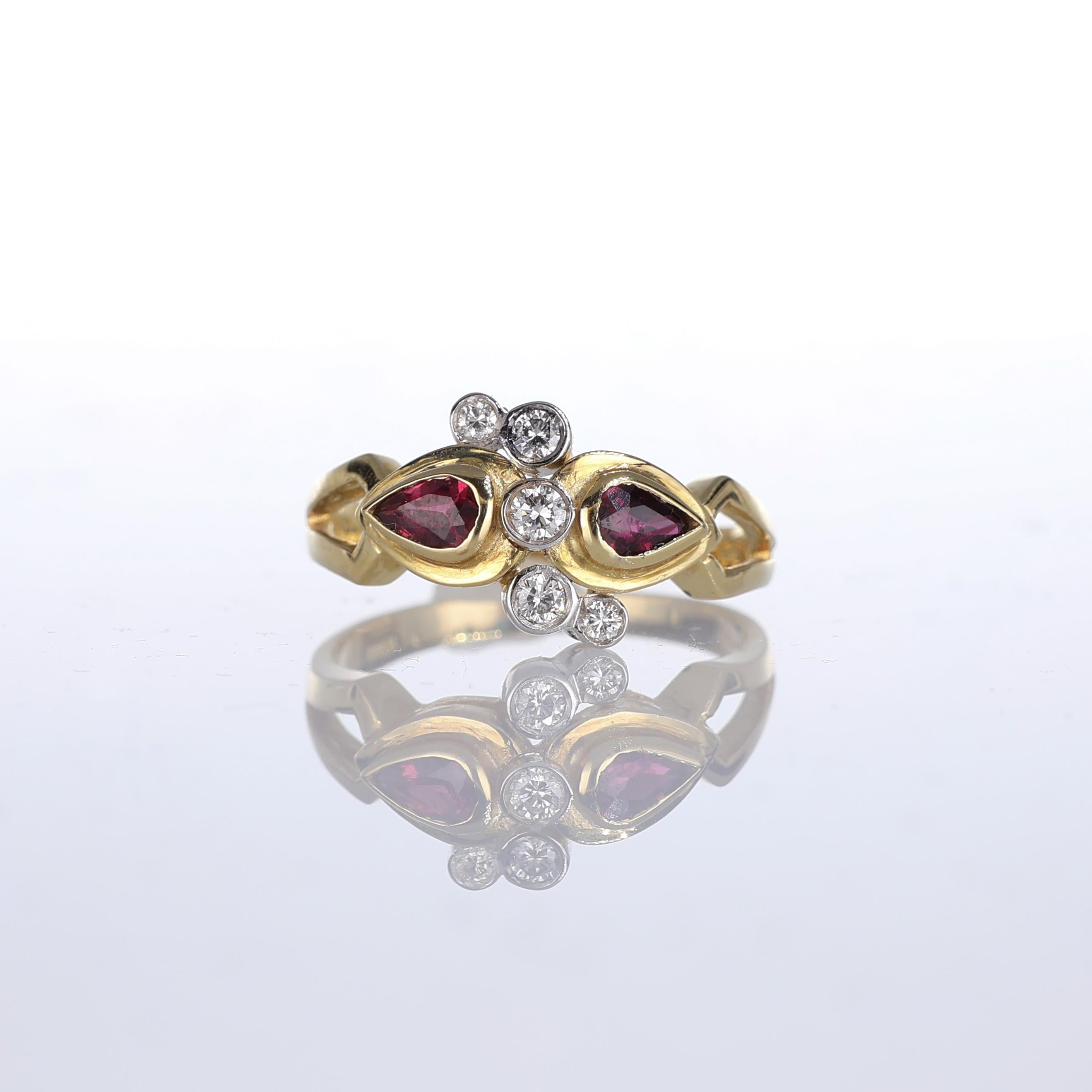 Brilliant Cut 18kt Yellow Gold Ring with Ruby Drops and Diamonds For Sale