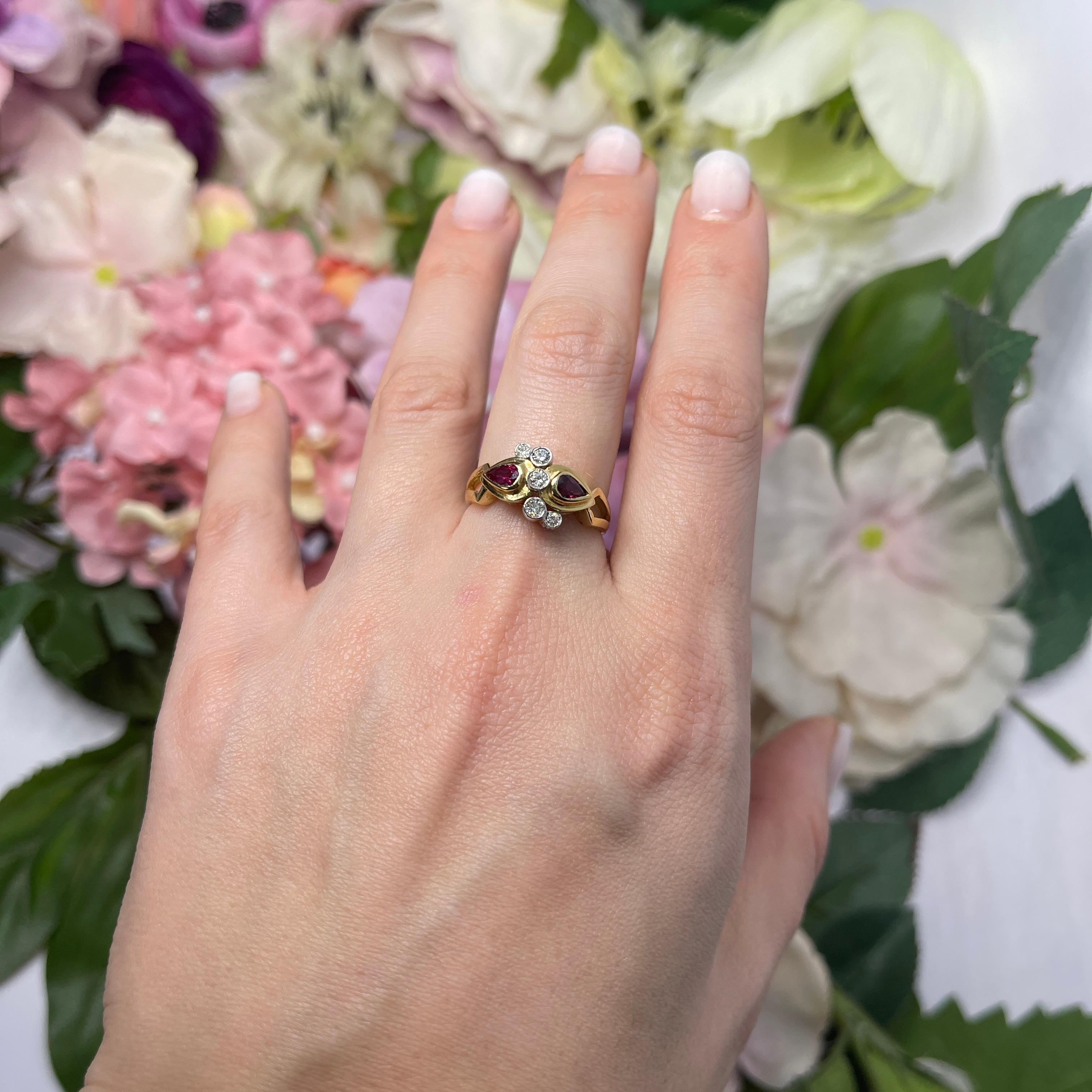 18kt Yellow Gold Ring with Ruby Drops and Diamonds For Sale 2