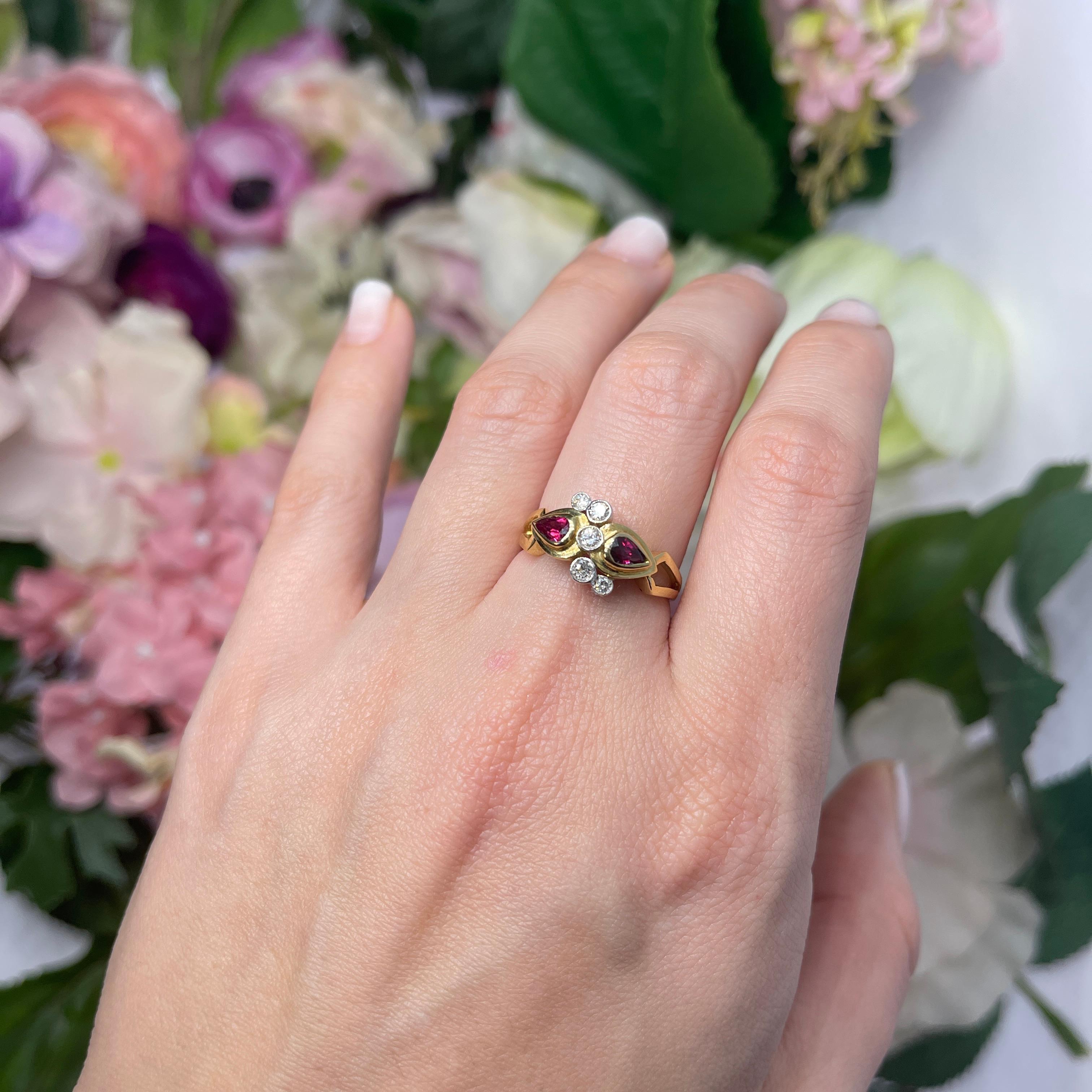18kt Yellow Gold Ring with Ruby Drops and Diamonds For Sale 3