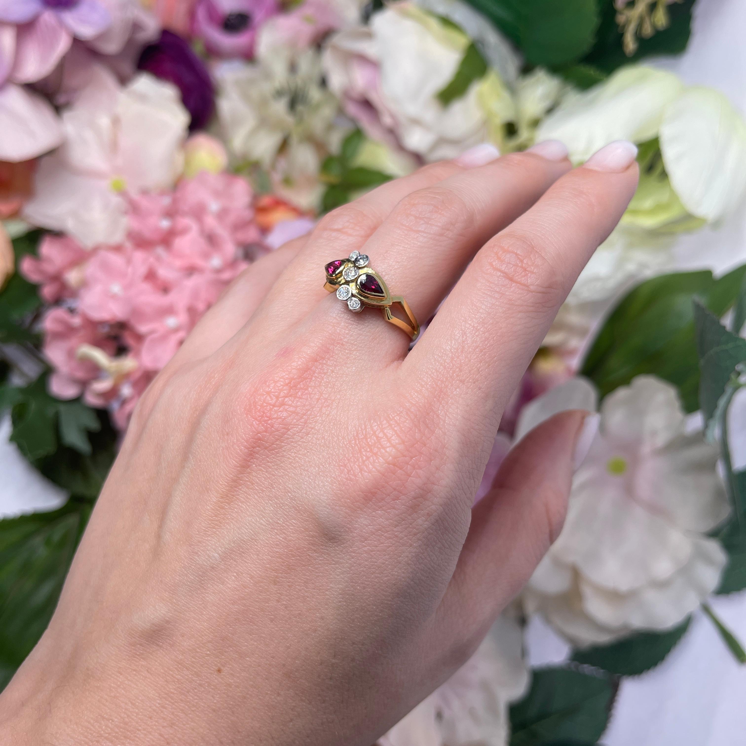 18kt Yellow Gold Ring with Ruby Drops and Diamonds For Sale 4
