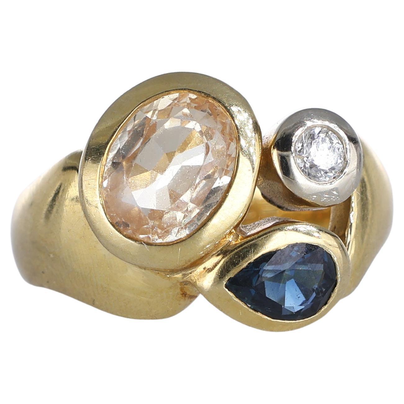 18kt Yellow Gold Ring with Yellow Sapphire, Blue Sapphire, and Diamond