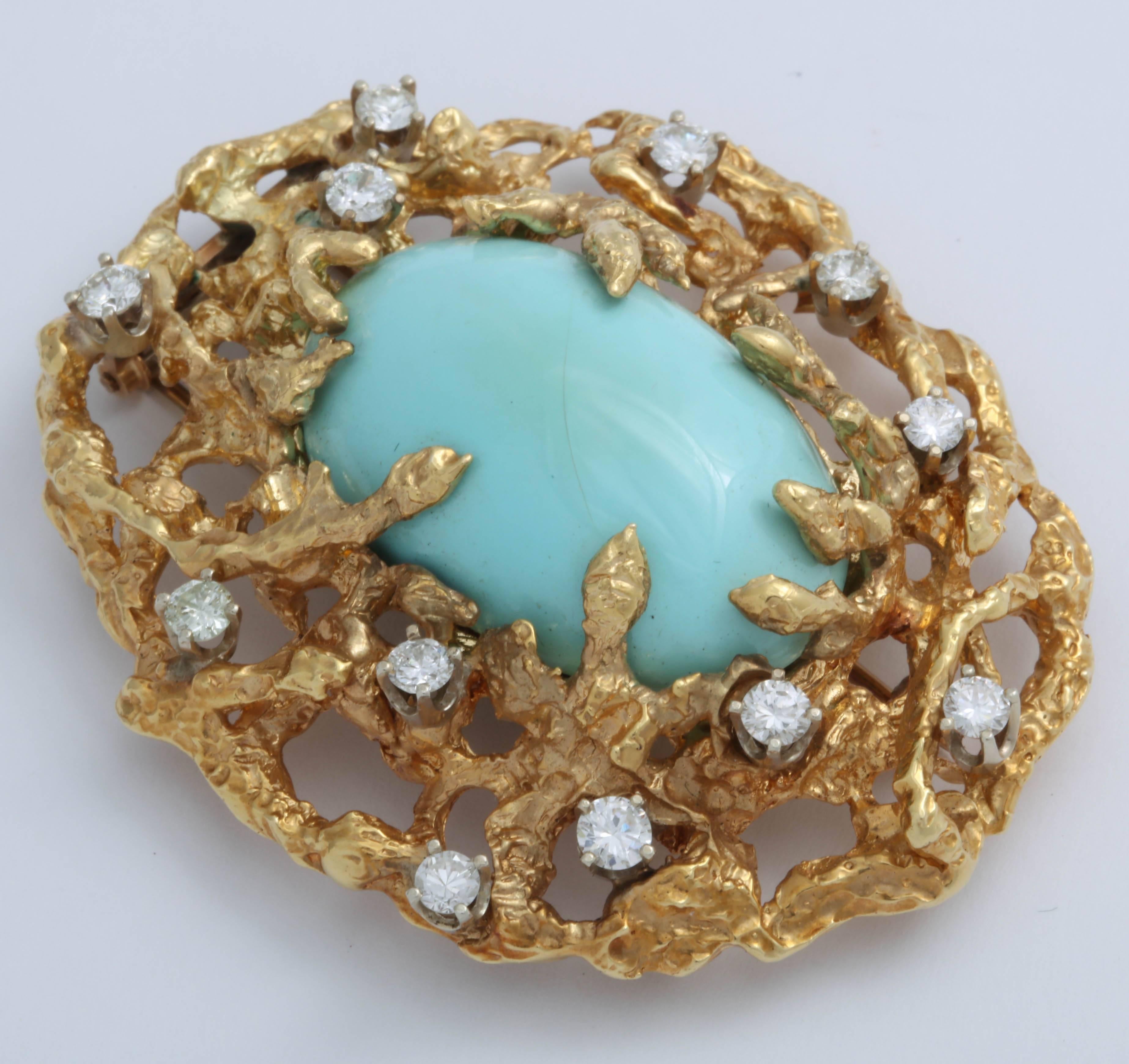 18 Karat Yellow Gold Robin's Egg Blue Turquoise and Diamond Clip In Good Condition For Sale In New York, NY