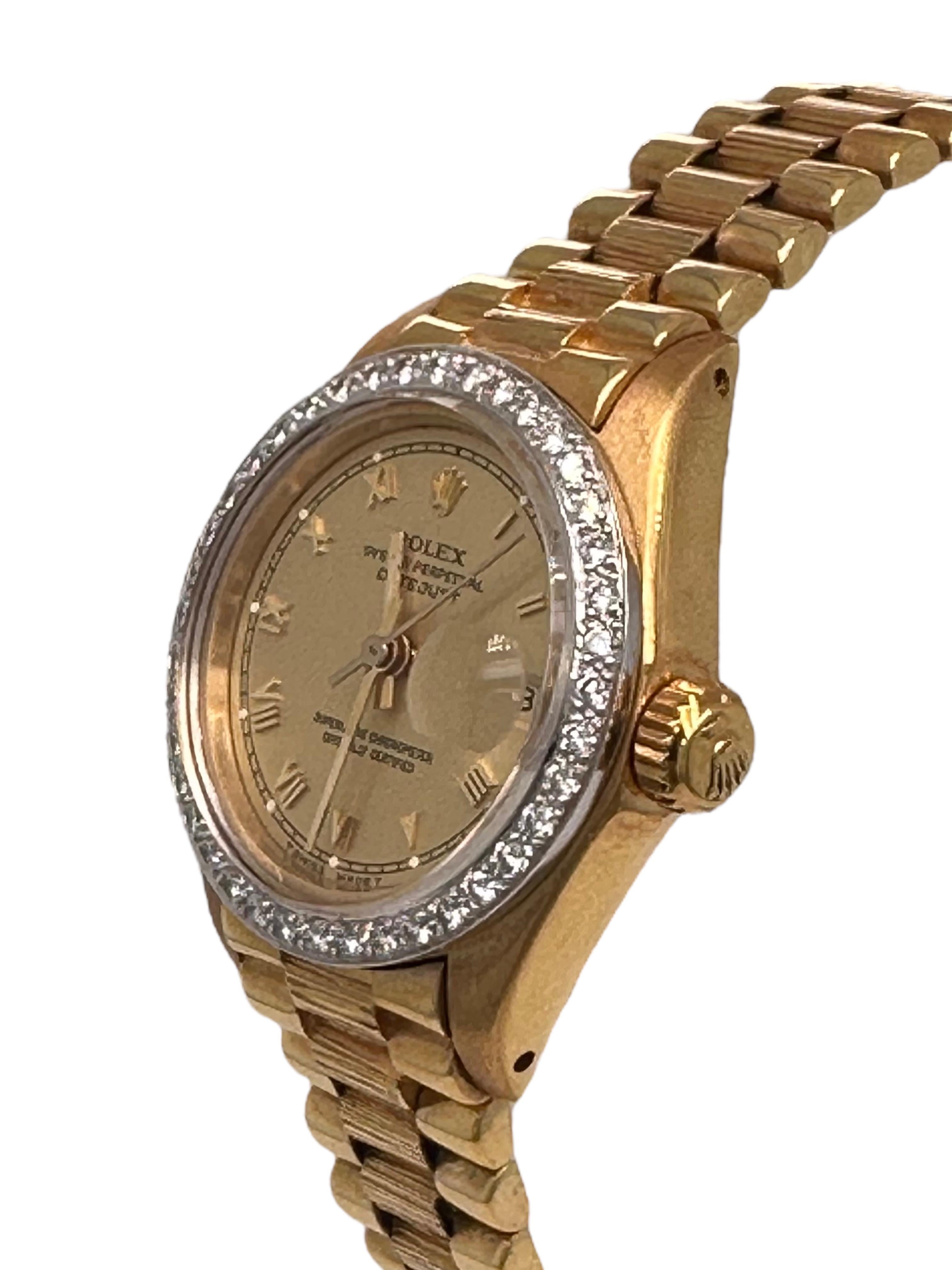 Artisan 18 Karat Yellow Gold Rolex President Lady Datejust, Automatic, Diamonds For Sale