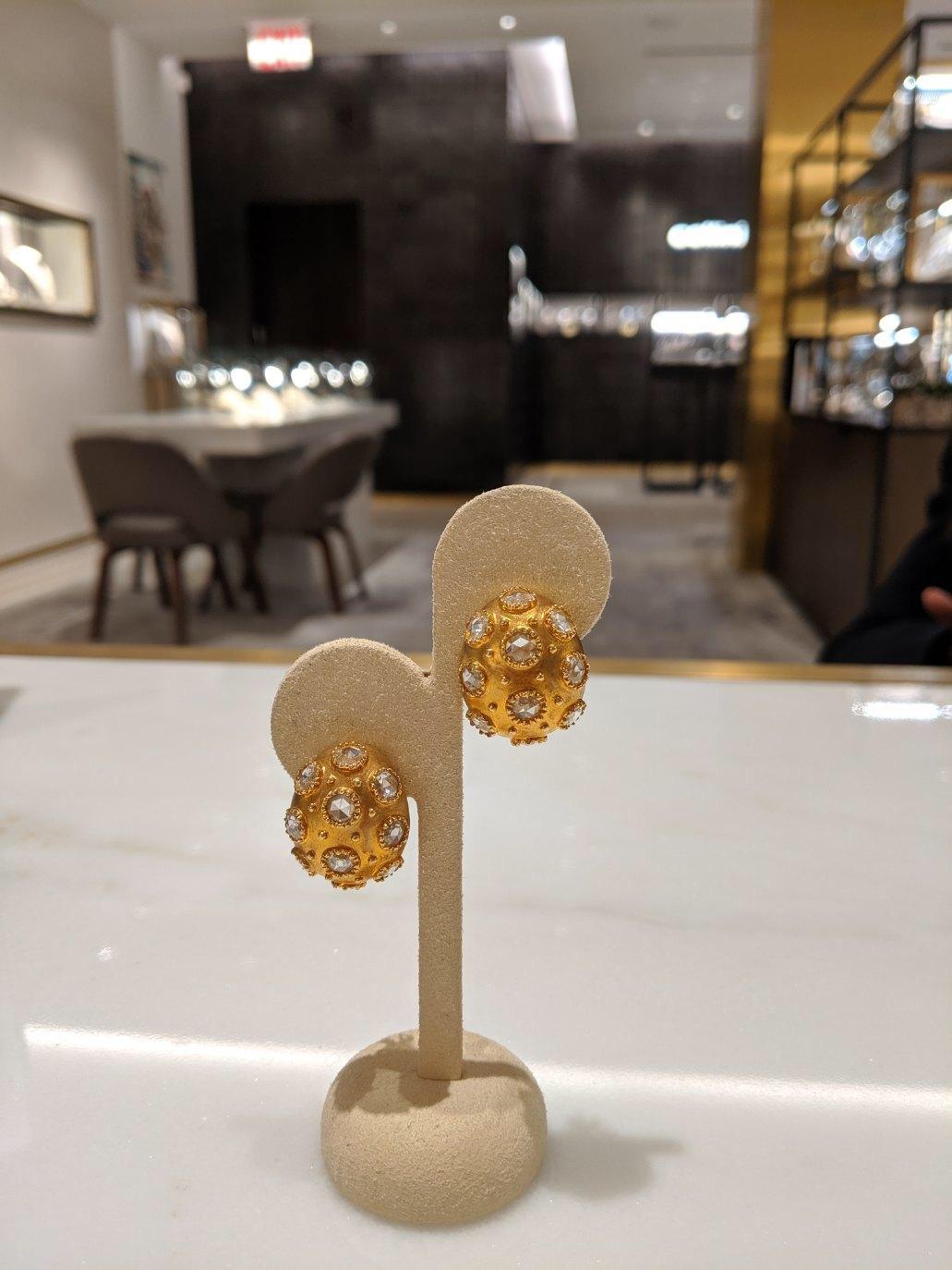Contemporary 18 Karat Yellow Gold and Rose Cut 3.93 Carat Diamond Bombay Oval Earrings For Sale