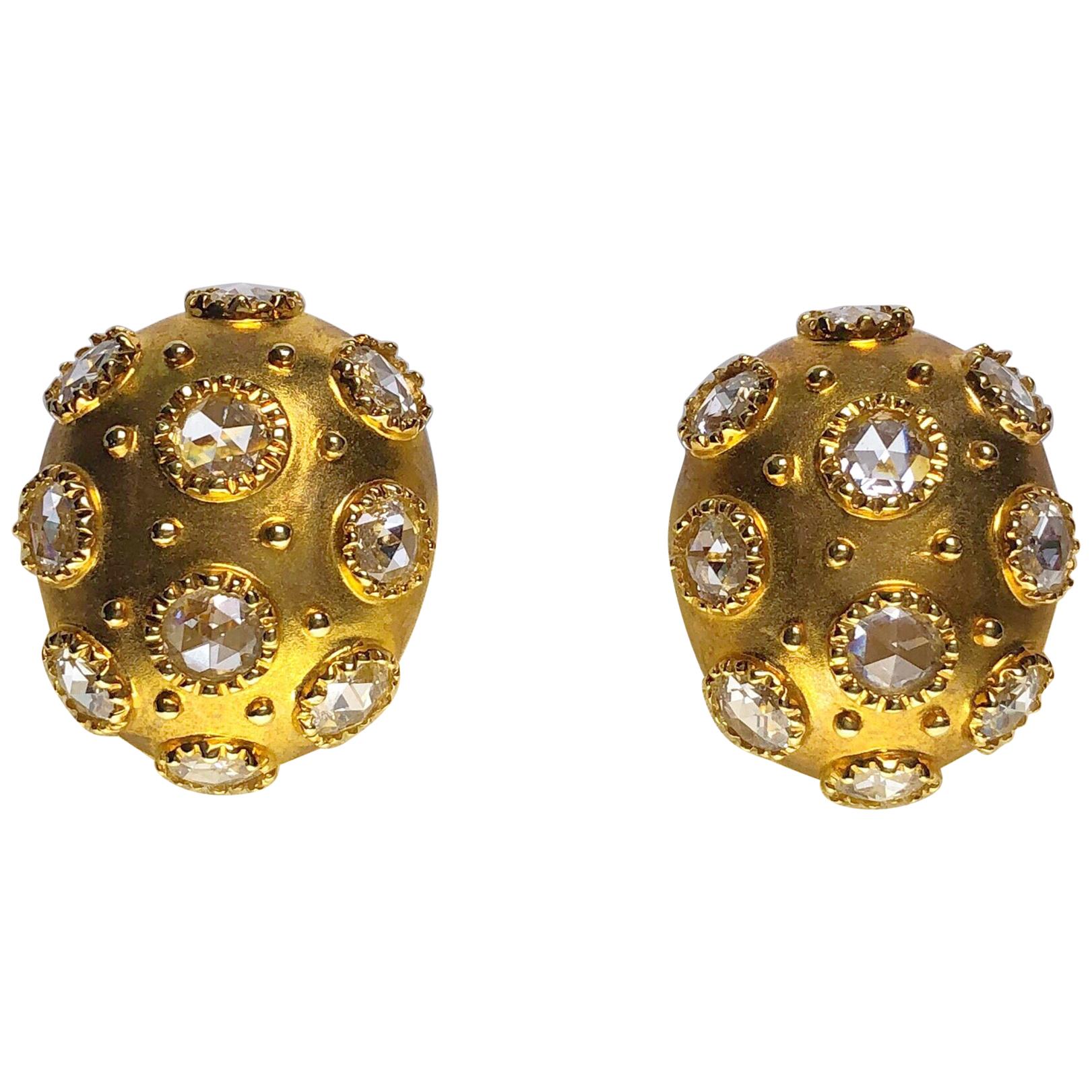 18 Karat Yellow Gold and Rose Cut 3.93 Carat Diamond Bombay Oval Earrings For Sale