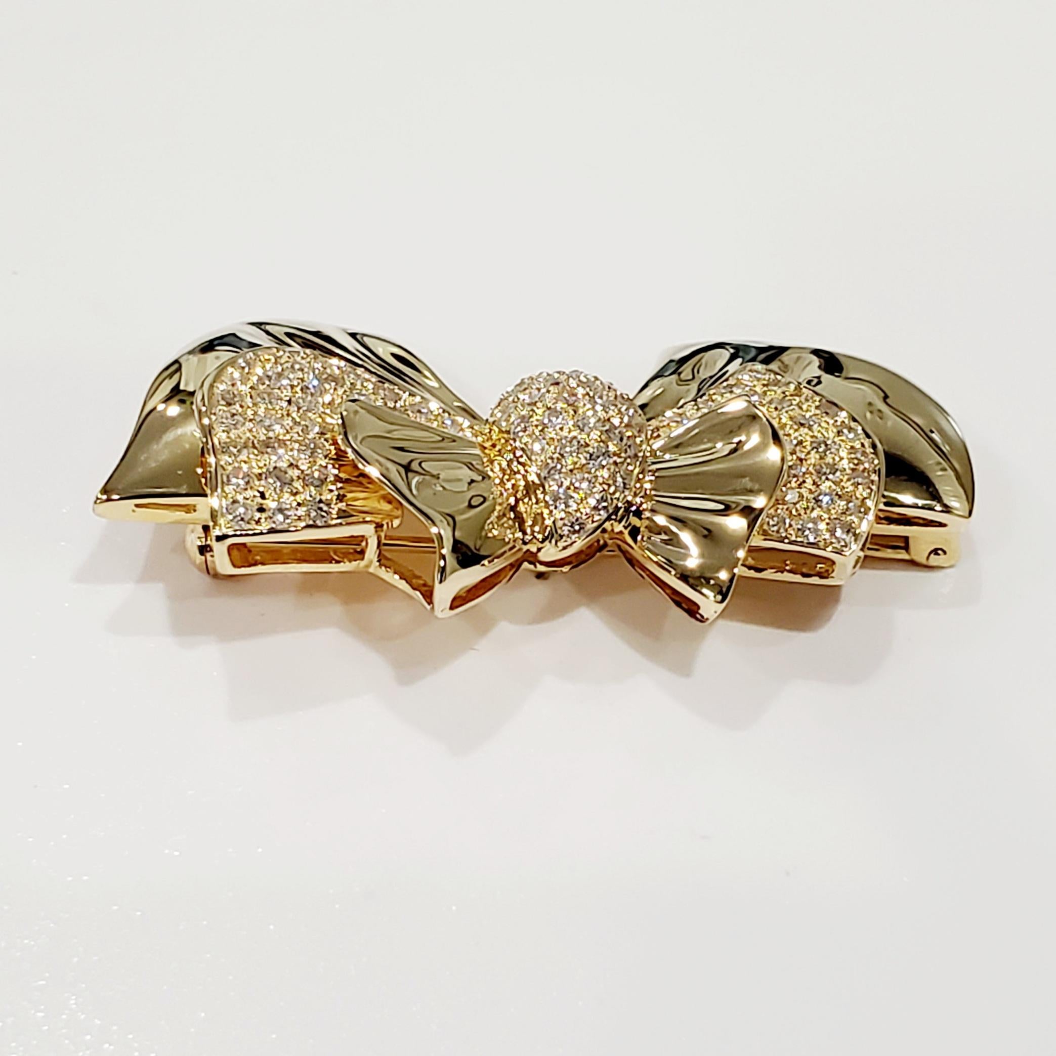 Modern 18kt Yellow Gold  Pave Round Brilliant Diamond 2.00cttw Bow Design Pin Brooch For Sale
