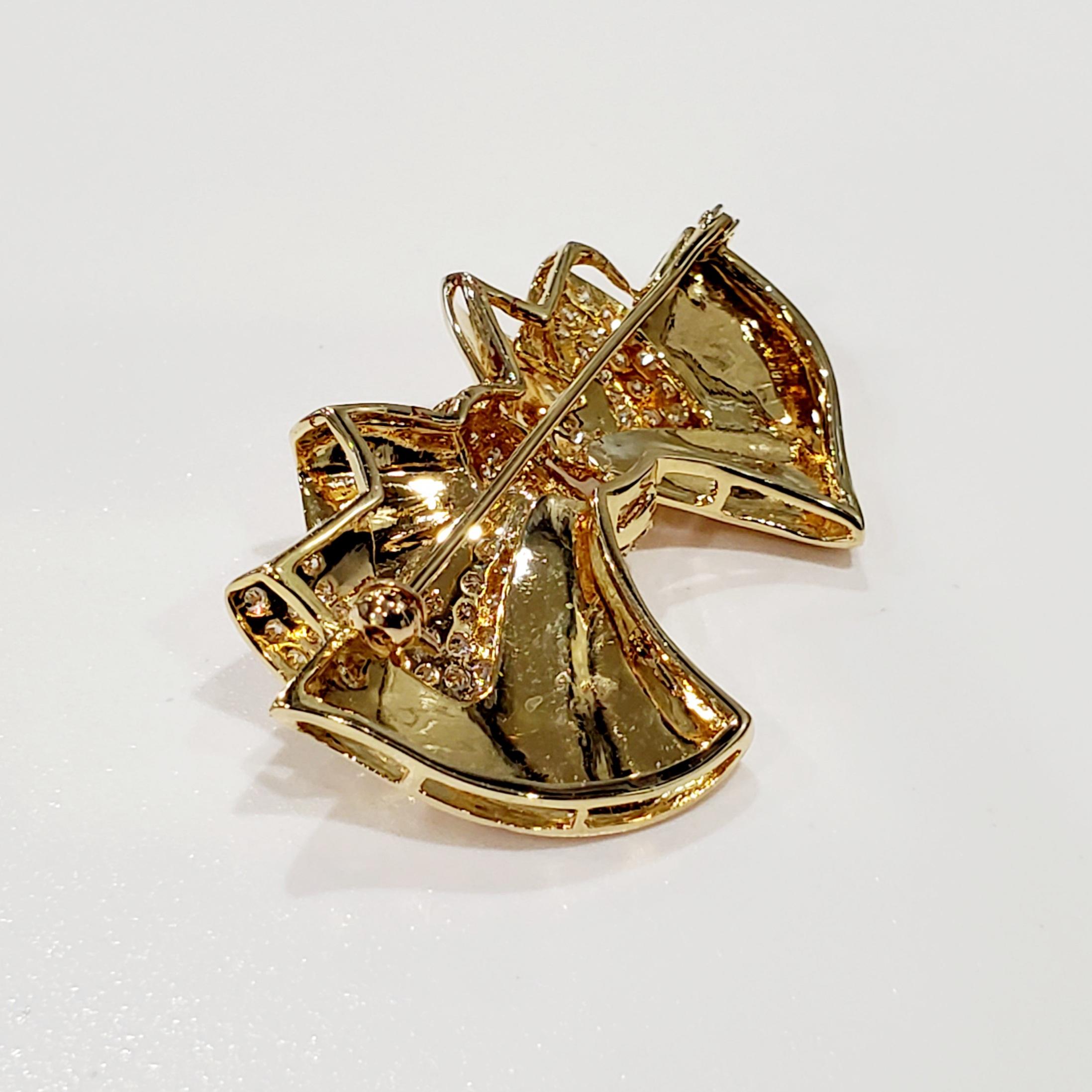 18kt Yellow Gold  Pave Round Brilliant Diamond 2.00cttw Bow Design Pin Brooch For Sale 2