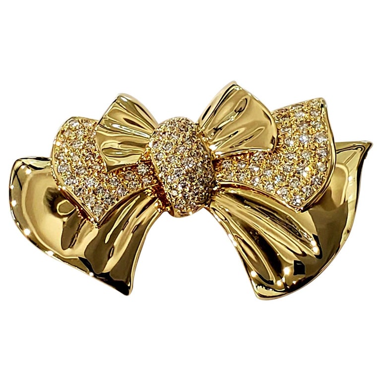 18kt Yellow Gold  Pave Round Brilliant Diamond 2.00cttw Bow Design Pin Brooch For Sale