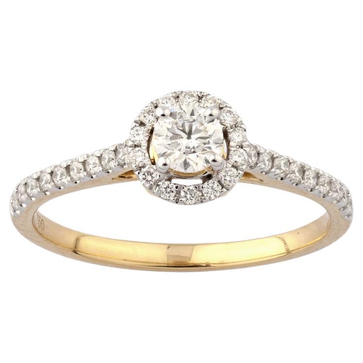 Anillo Solitario Halo de Diamantes Brillantes Redondos de Oro Amarillo de 18 KT en venta