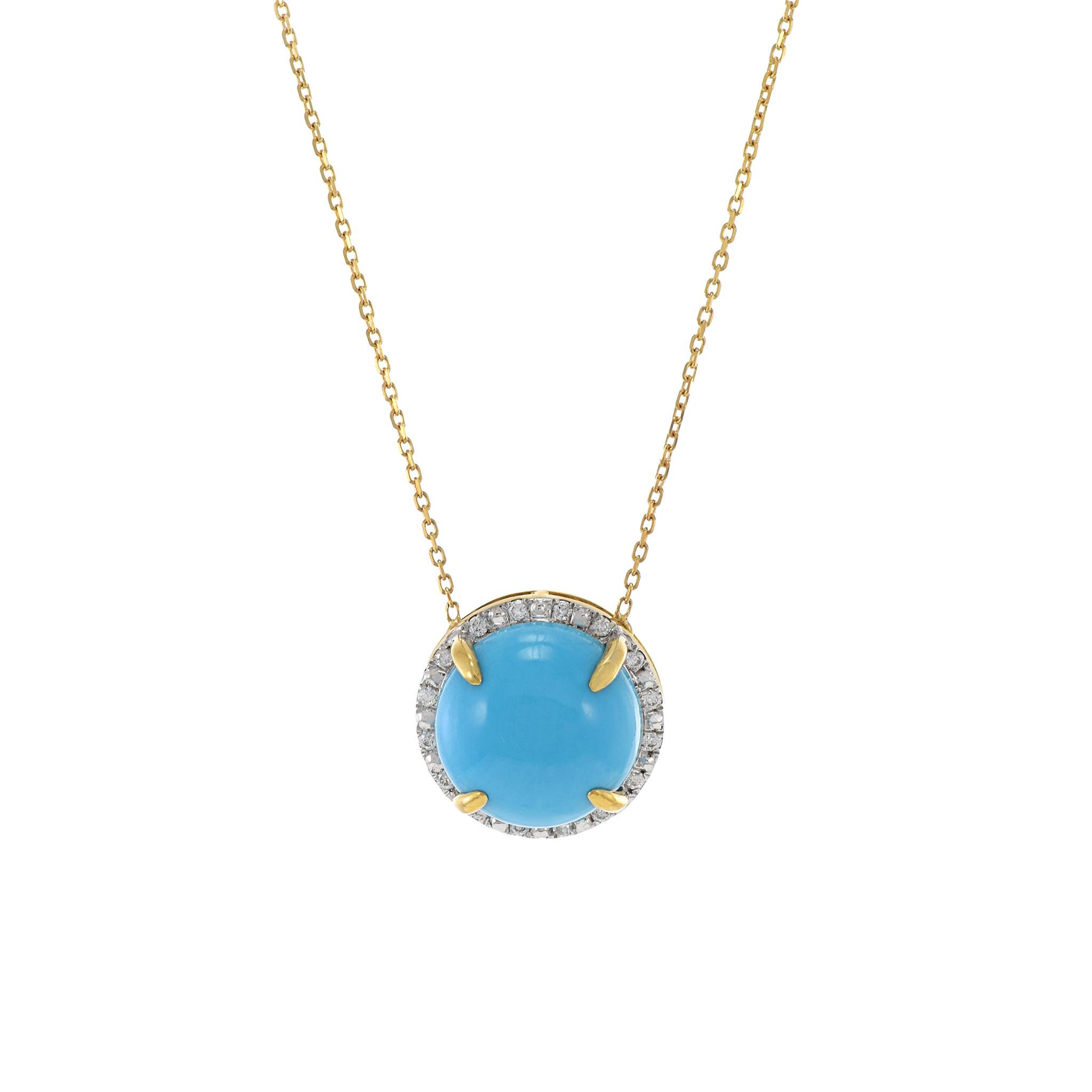 The 18KT yellow gold turquoise and diamond necklace is a stunning piece of jewelry. Its focal point is a single, natural turquoise gemstone set in radiant yellow gold. This turquoise is elegantly encircled by a total of 0.08 carats of round-cut