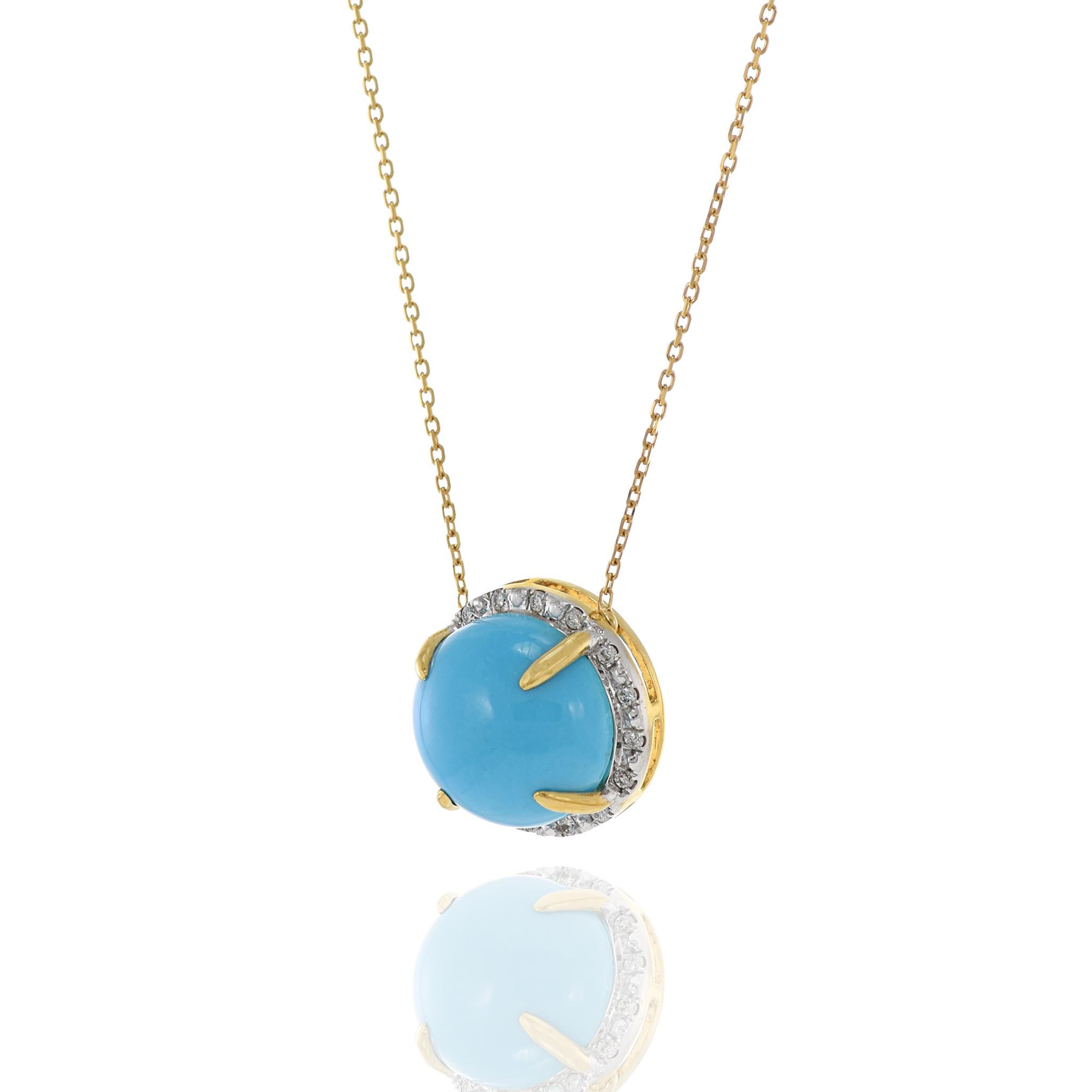 Round Cut 18KT Yellow Gold Round Turquoise And Diamond Necklace For Sale