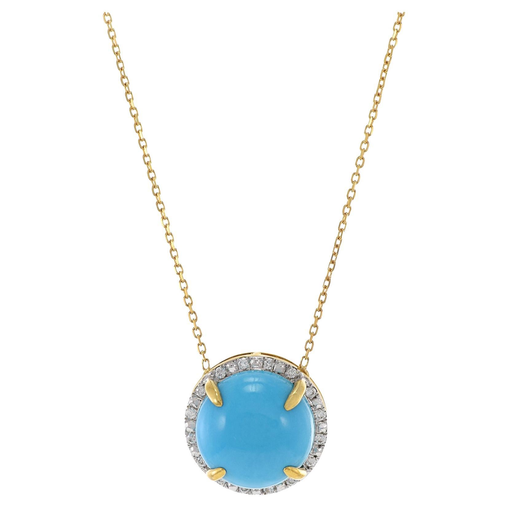 18KT Yellow Gold Round Turquoise And Diamond Necklace