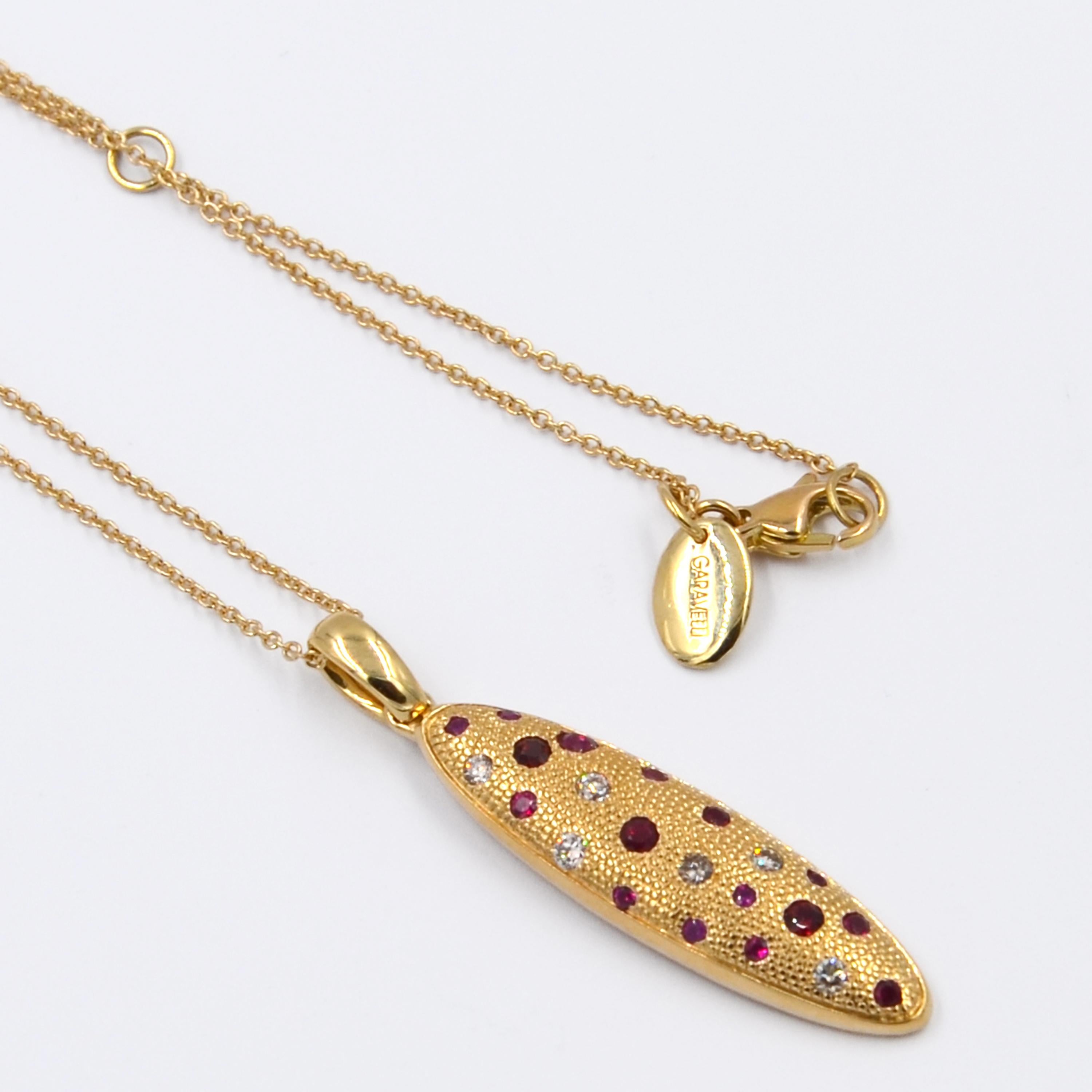 Contemporary 18 Karat Gold Rubies and Brown Diamonds Garavelli Matte Pendant with Chain