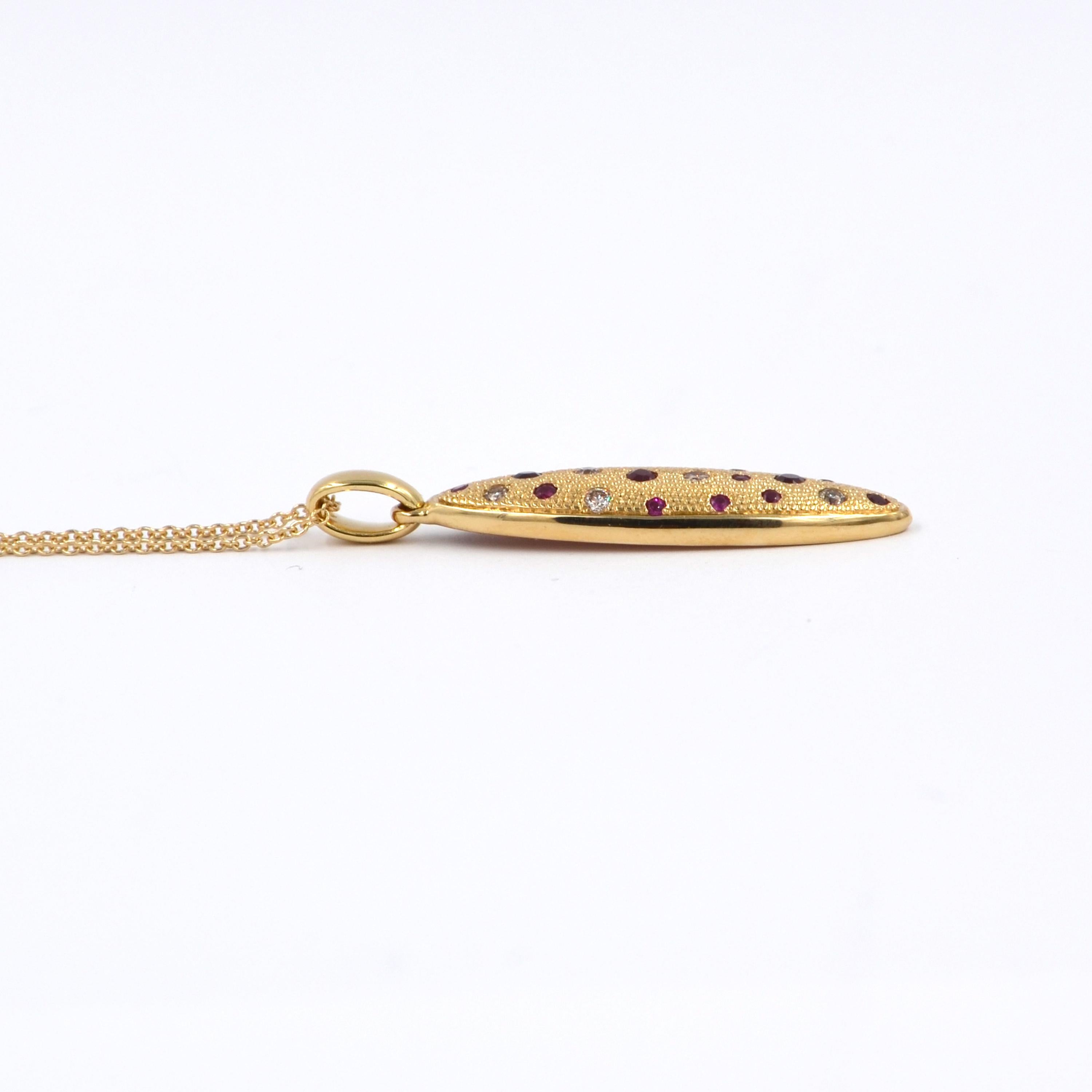 Round Cut 18 Karat Gold Rubies and Brown Diamonds Garavelli Matte Pendant with Chain