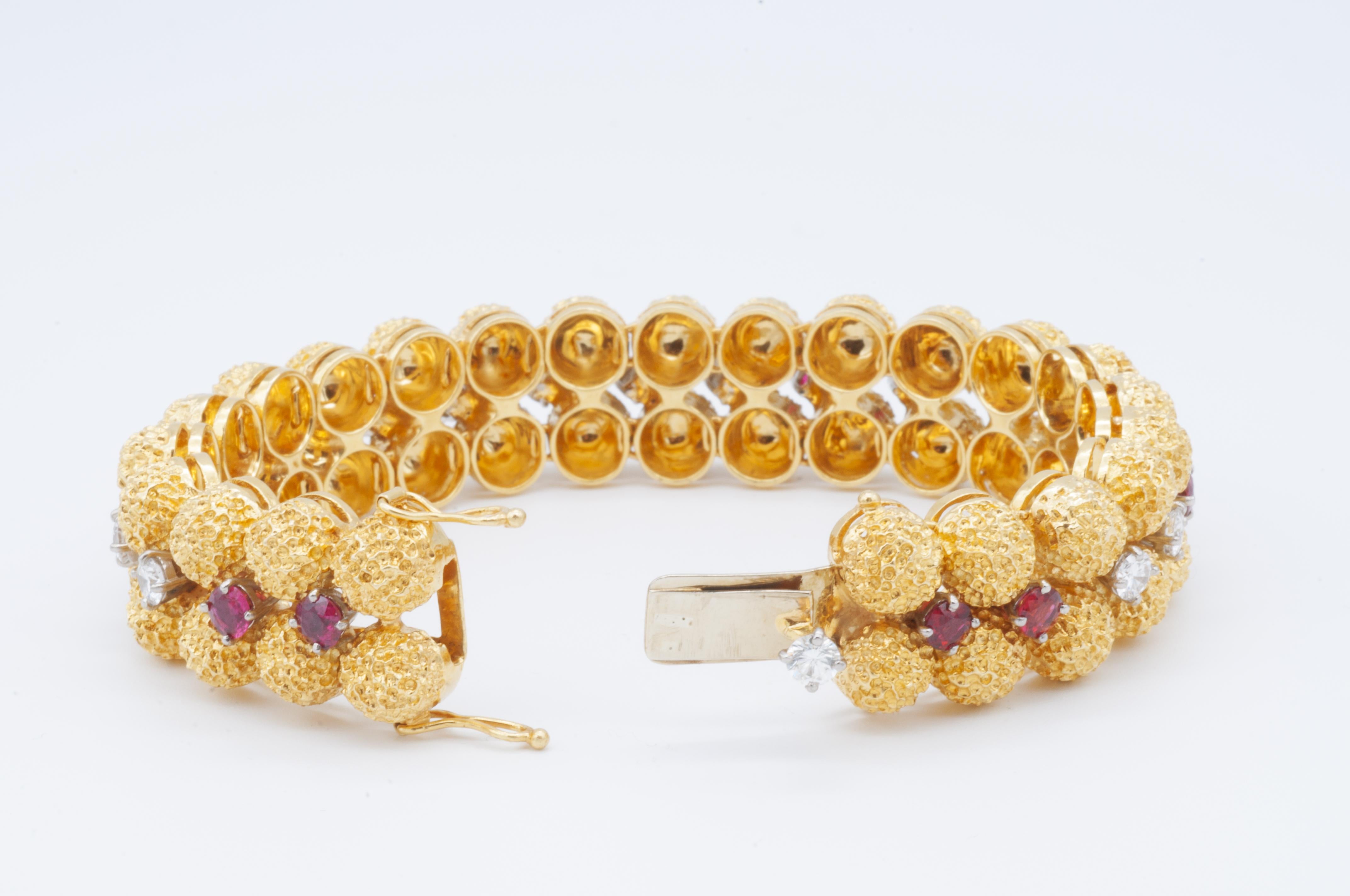 Brilliant Cut Oscar Heyman 18kt Yellow Gold, Ruby and Diamond Bracelet  For Sale