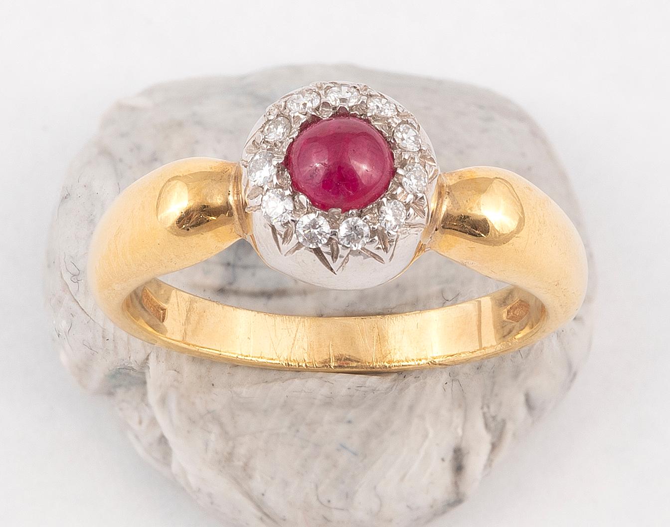 Retro 18 Karat Yellow Gold Ruby and Diamond Cluster Ring For Sale