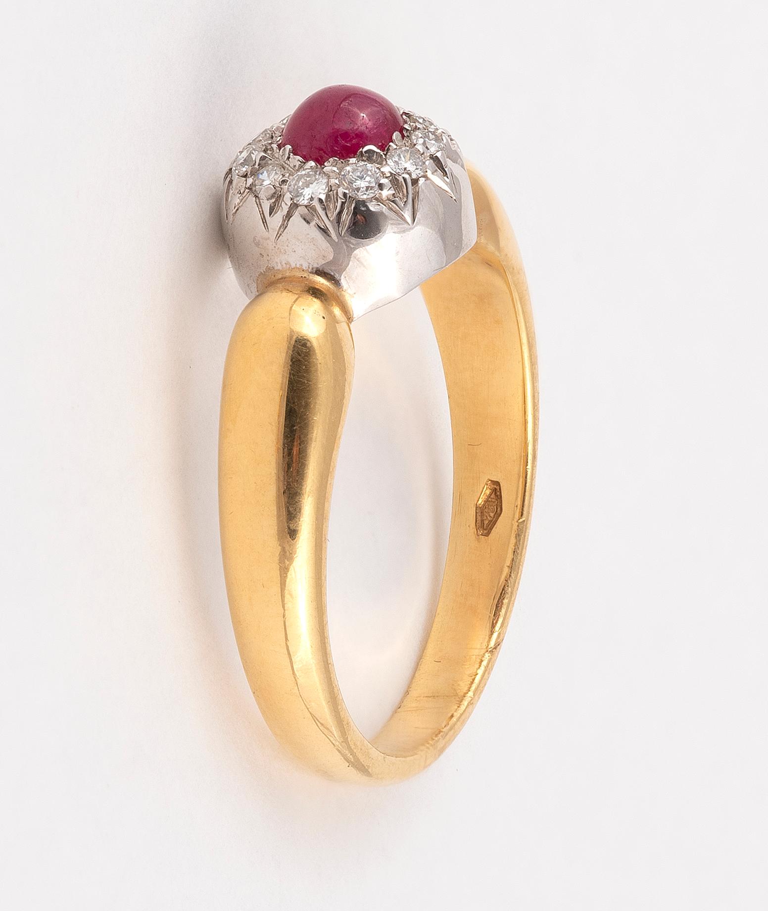 Cabochon 18 Karat Yellow Gold Ruby and Diamond Cluster Ring For Sale