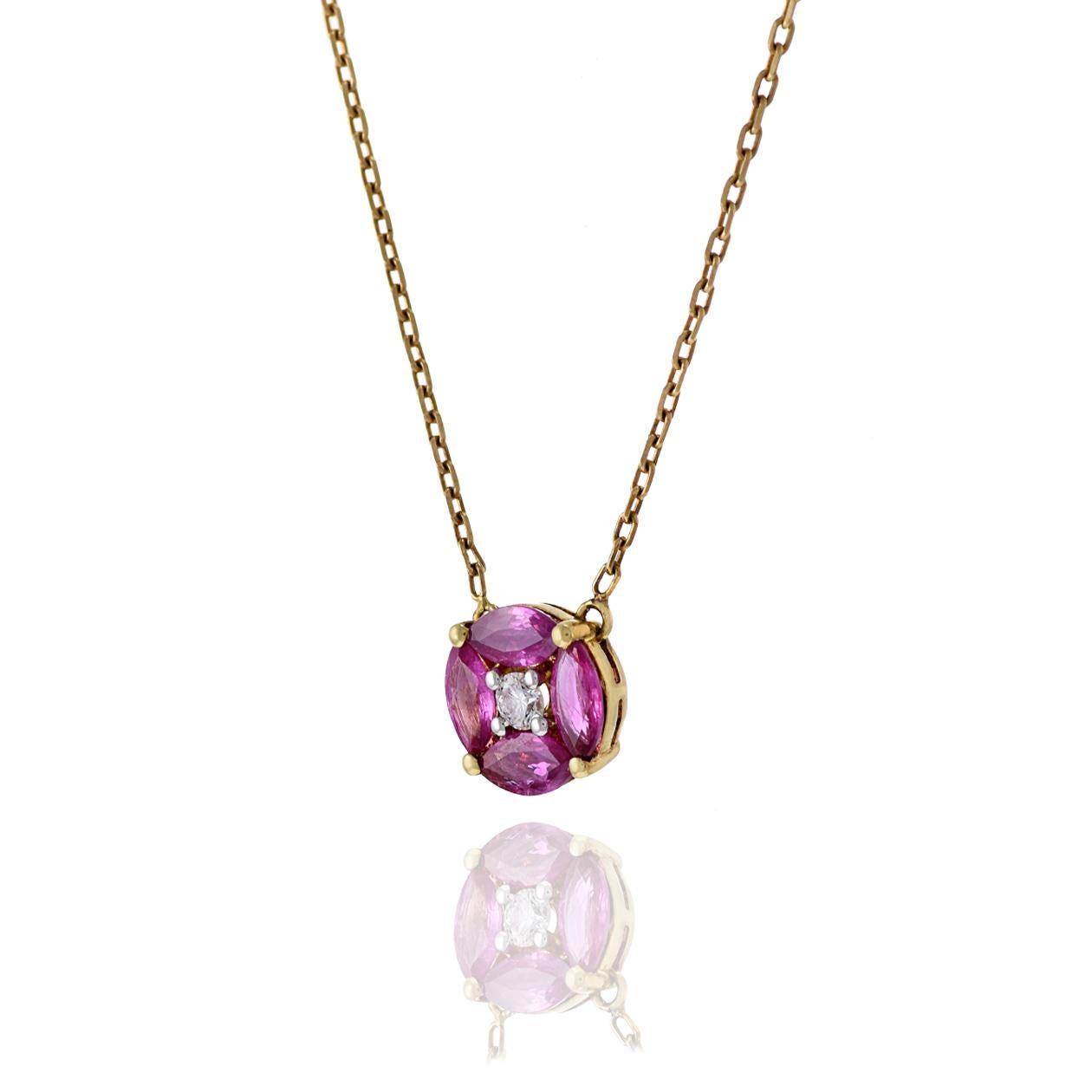 18KT Halskette aus Gelbgold mit Rubin und Diamanten (Marquiseschliff) im Angebot