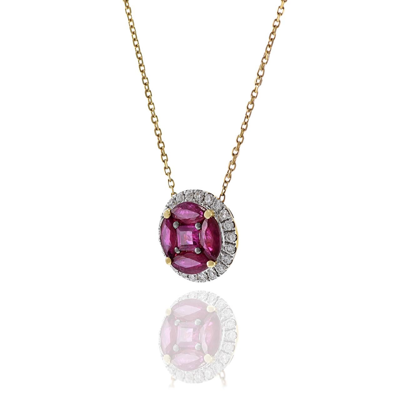 18KT Halskette aus Gelbgold mit Rubin und Diamanten (Marquiseschliff) im Angebot