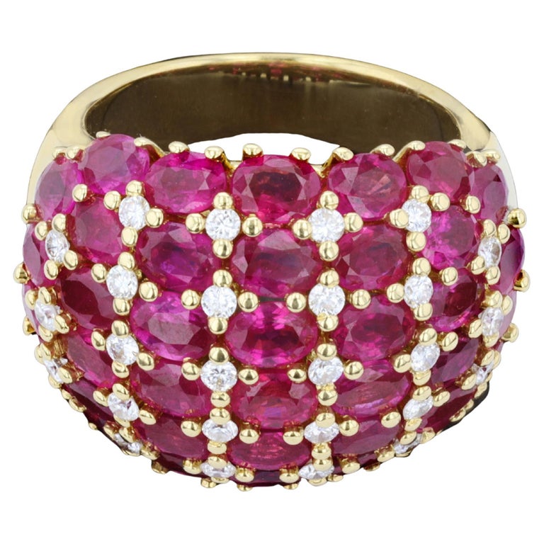 Bague Dôme Or 18k Rubis Et Diamants - Taille 49 - Monture En Demi-lunes - Occasion