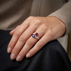 18KT Yellow Gold Ruby, Sapphire and Diamond Crossover Ring
