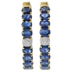 18KT Yellow Gold Sapphire And Diamond Round Hoop Earrings