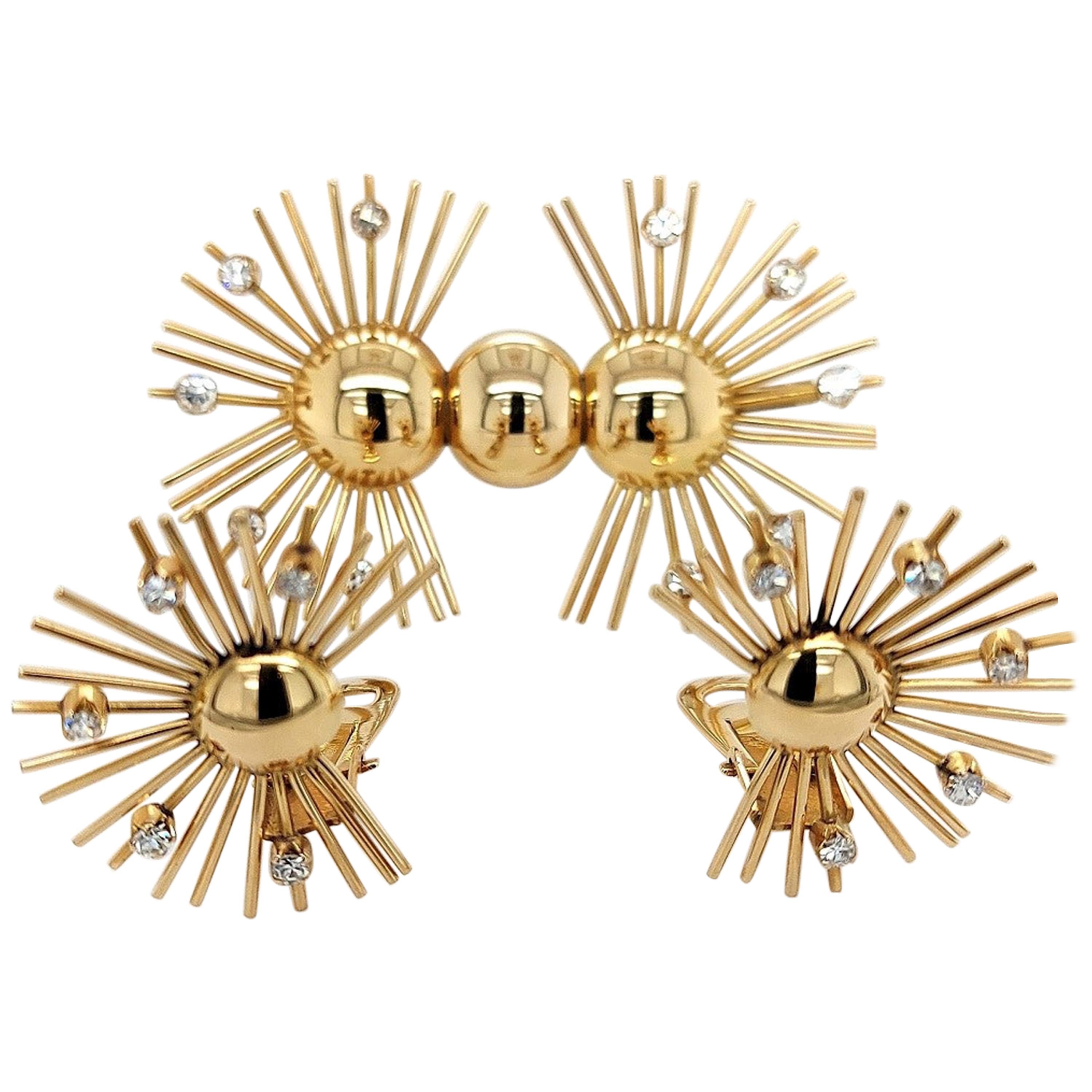 Spilla e orecchini a clip in oro giallo 18 carati con diamanti, anni '40