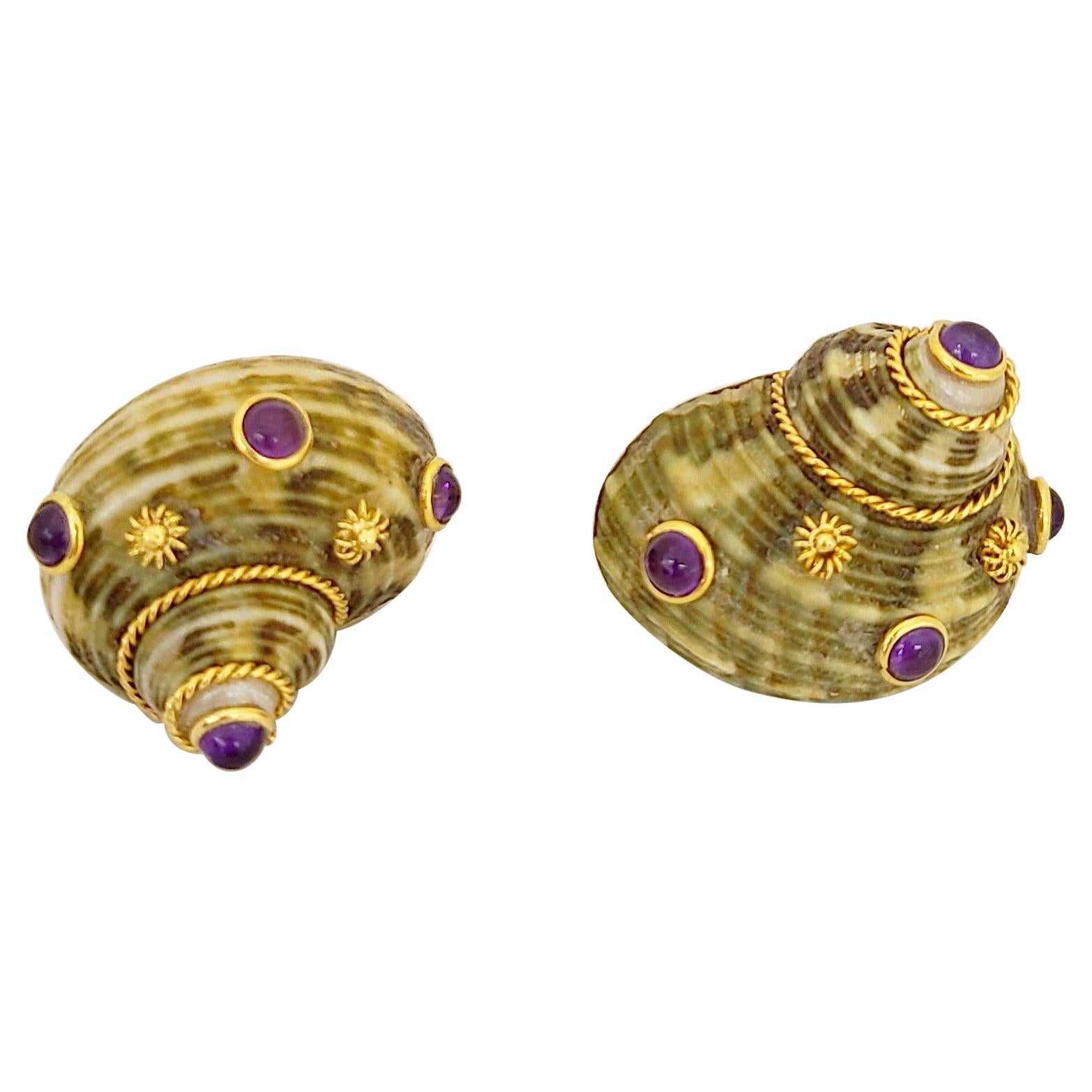 18KT Yellow Gold Shell Earrings with Cabochon Amethyst For Sale