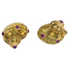 Retro 18KT Yellow Gold Shell Earrings with Cabochon Amethyst