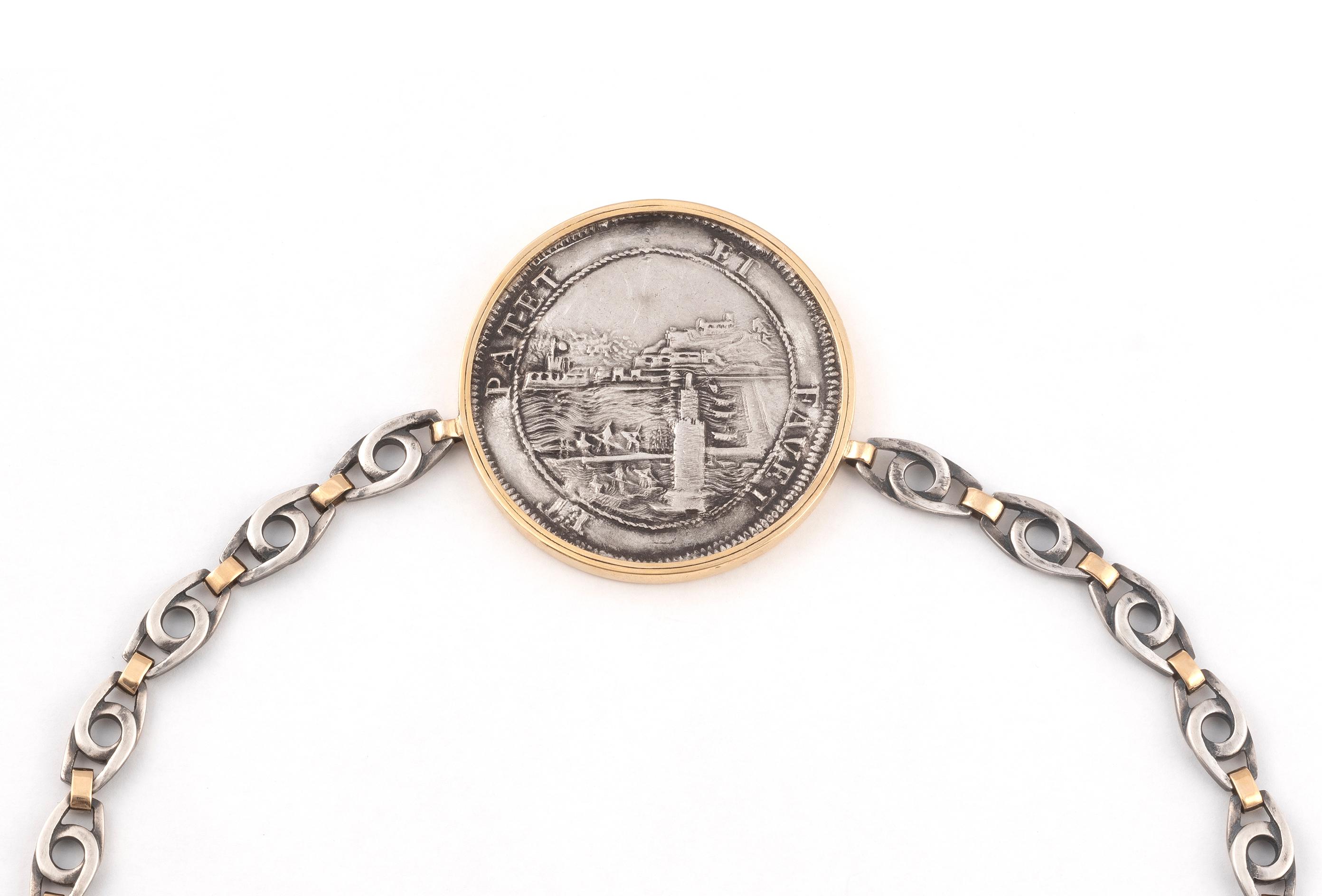 Men's 18kt Yellow Gold Silver And Large Silver Coin Necklace For Sale