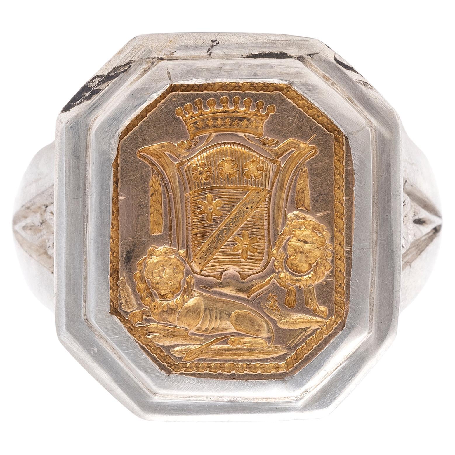 Women's or Men's Neoclassical Gold & Silver French Signet Ring 1780’s For Sale
