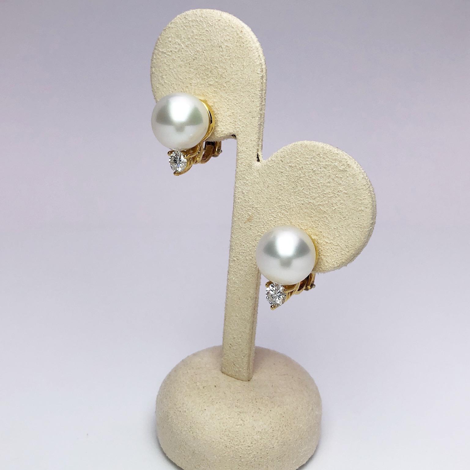 Modern 18 Karat Yellow Gold South Sea Pearl Earrings with Diamonds .72 Carat For Sale