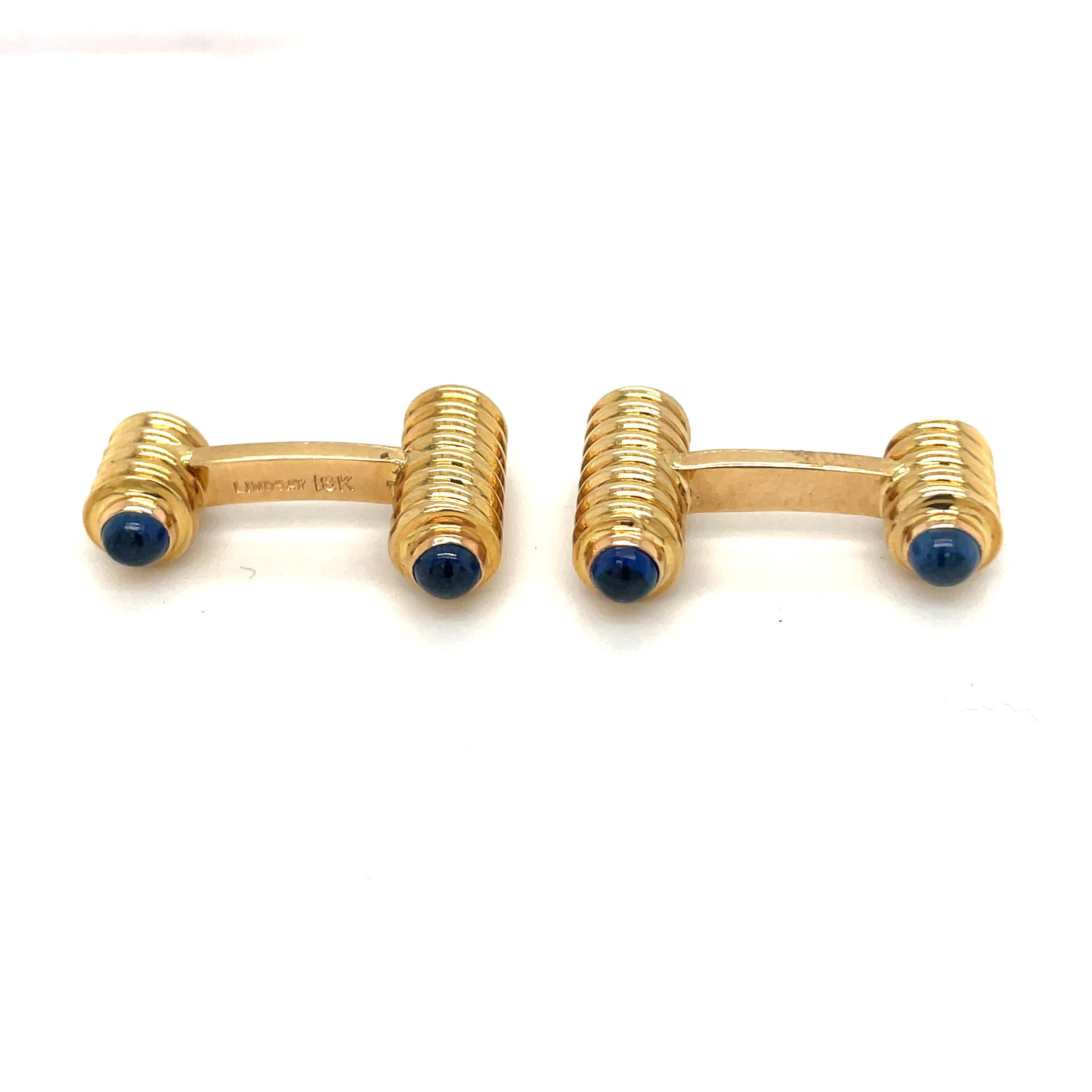 Women's or Men's 18KT Yellow Gold Spiral Bar Cuff Links with Blue Sapphire Cabochons For Sale