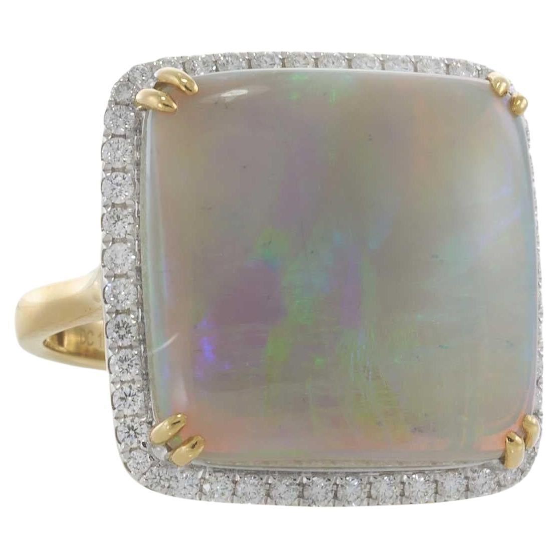 18KT Yellow Gold Square Opal and Diamond Ring For Sale