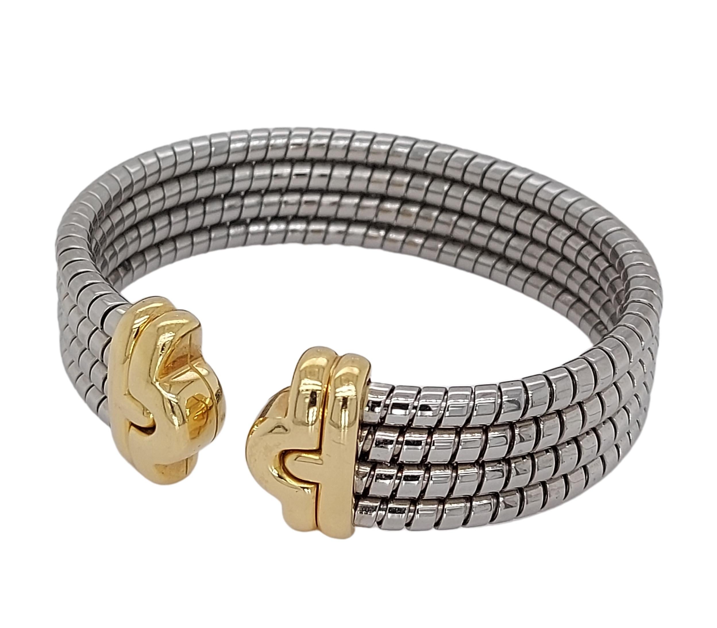 18kt Yellow Gold & Stainless Steel Bvlgari Parentesi Tubogas Bracelet Cuff In Excellent Condition In Antwerp, BE