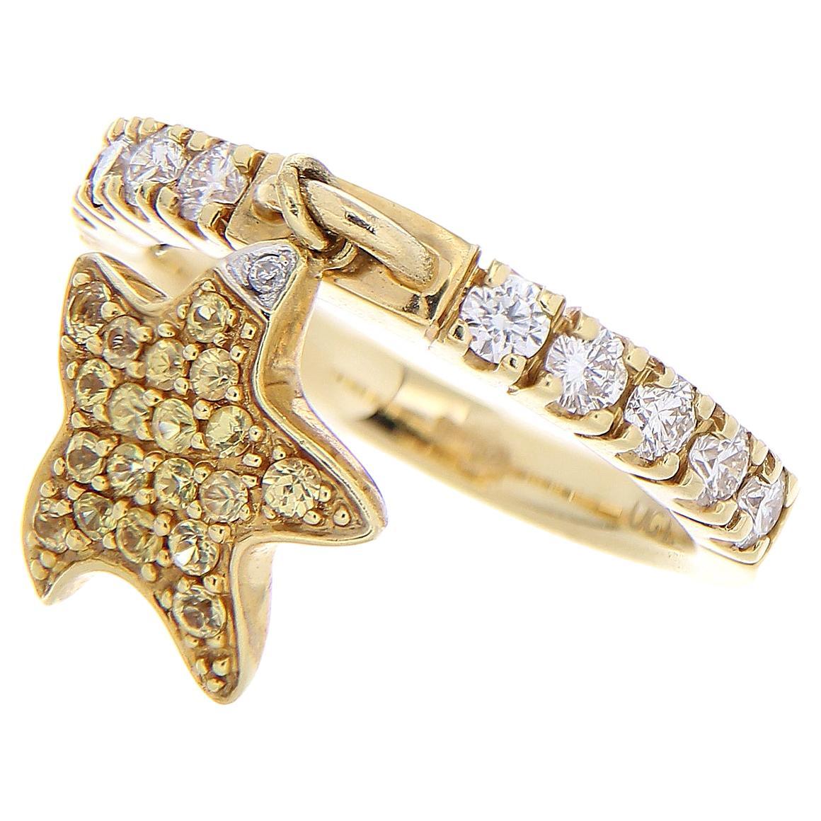 18Kt Yellow Gold Star Ring White Diamonds 0.50 ct Yellow Sapphires 0.26 ct