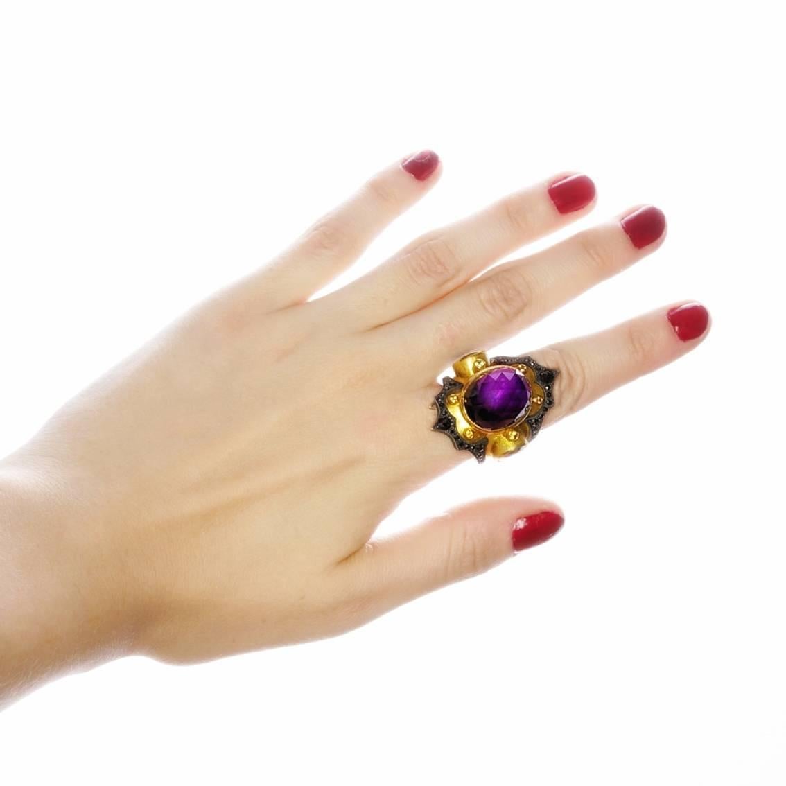 Amethyst, Garnet and Black Diamonds gold ring  For Sale 2