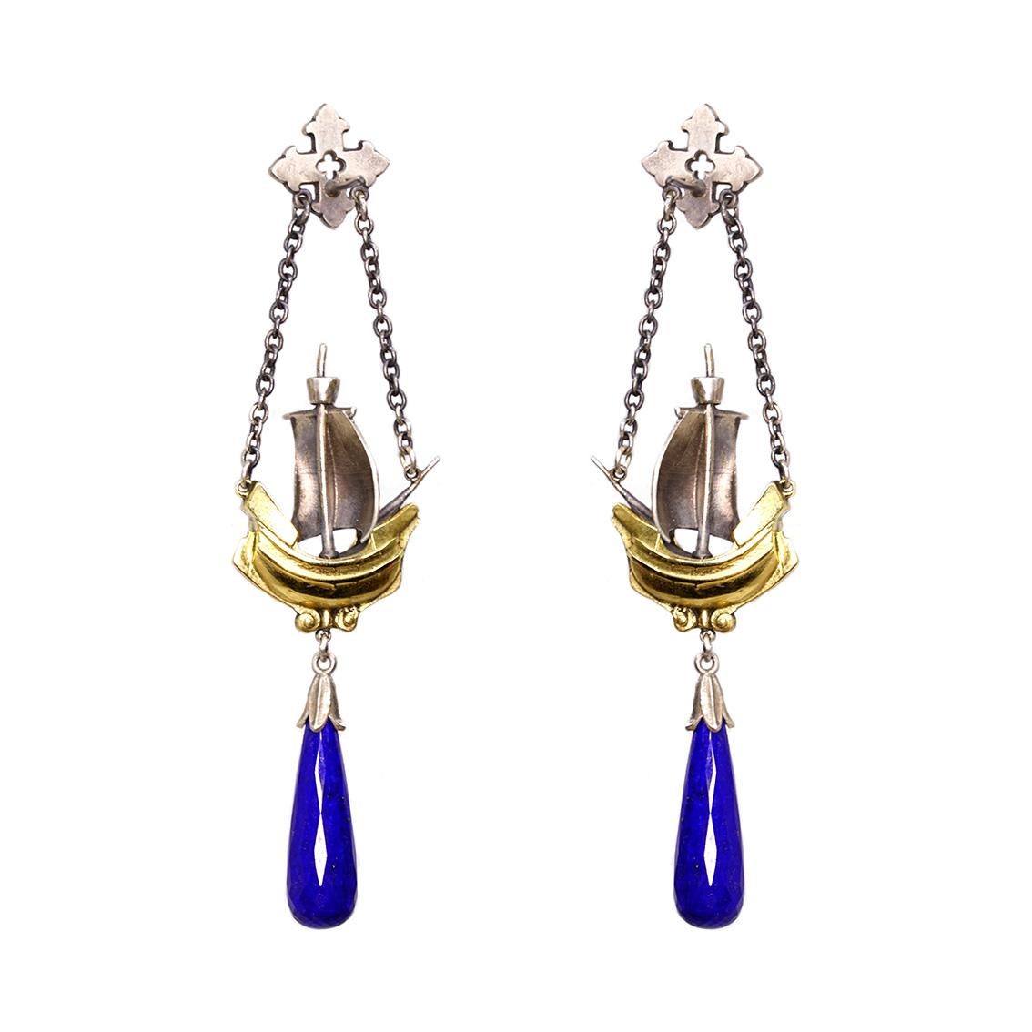 Briolette Cut Lapis Lazuli Medieval Ship Drop Earrings in 18 Karat Gold and Sterling Silver