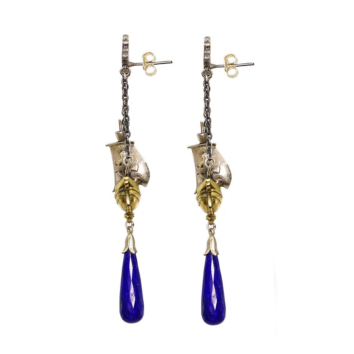 Lapis Lazuli Medieval Ship Drop Earrings in 18 Karat Gold and Sterling Silver In New Condition In Melbourne, Vic