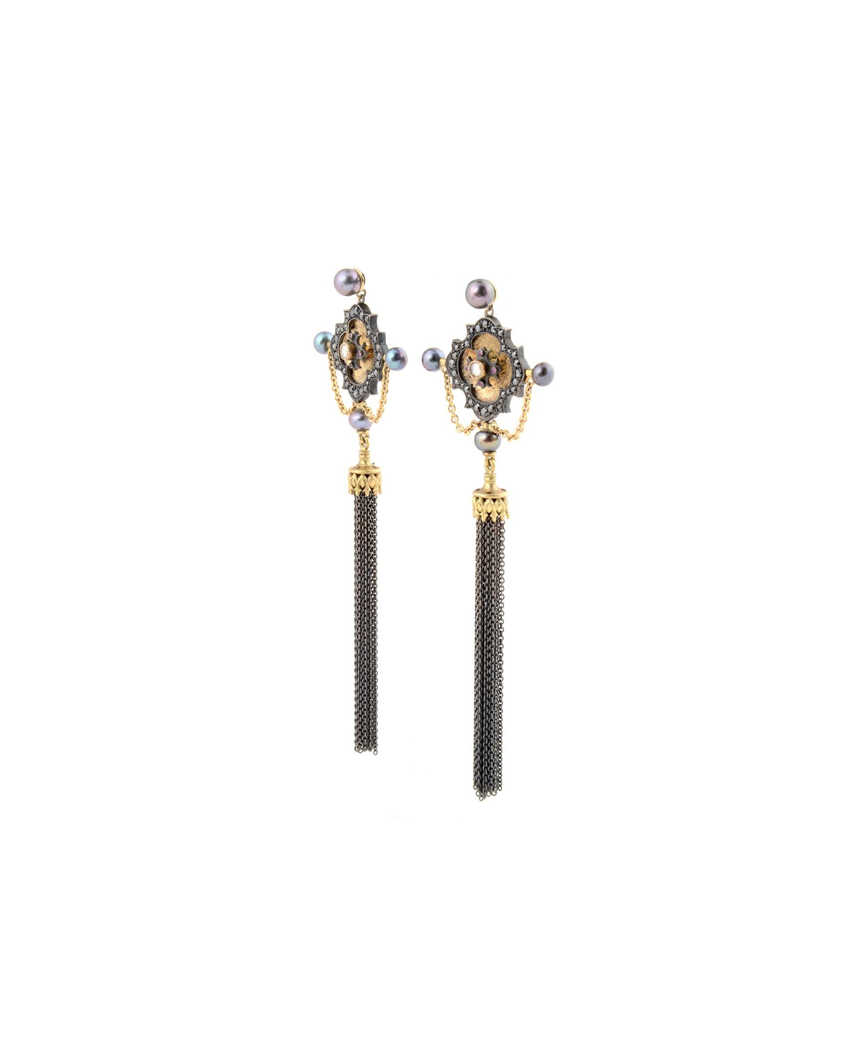 Round Cut 18k Gold, Sterling Silver, Black Diamonds, Rubies, Antique Style Tassel Earrings For Sale