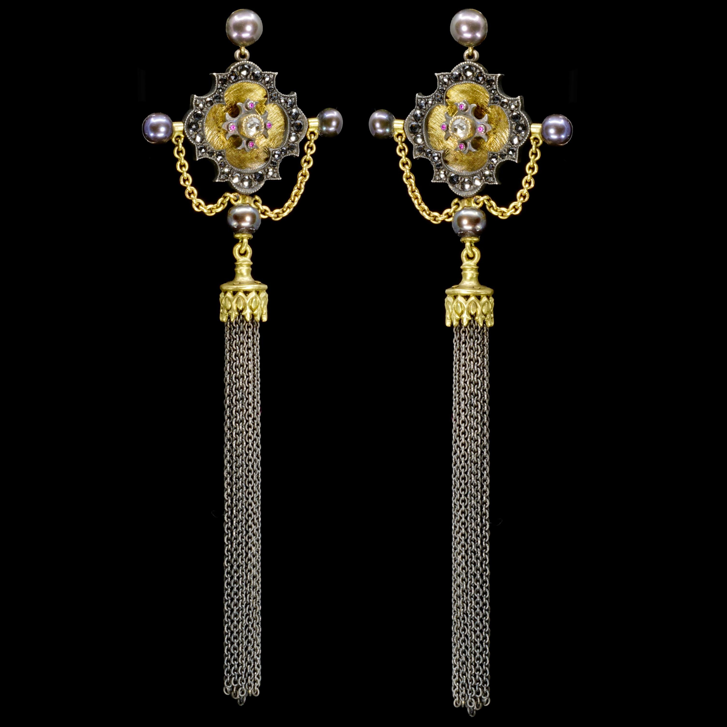 18k Gold, Sterling Silver, Black Diamonds, Rubies, Antique Style Tassel Earrings In New Condition For Sale In Melbourne, Vic