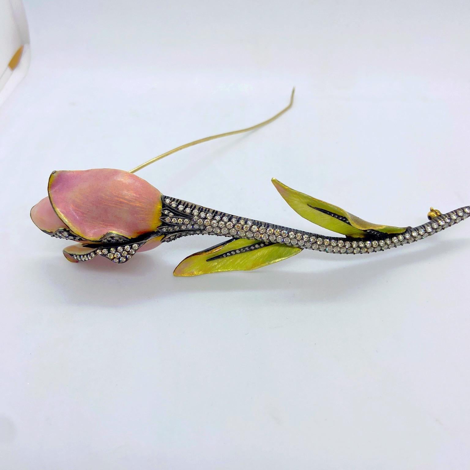 Contemporary 18 Karat Gold and Sterling Silver Enamel Rose Brooch with 4.31 Carat Diamonds For Sale