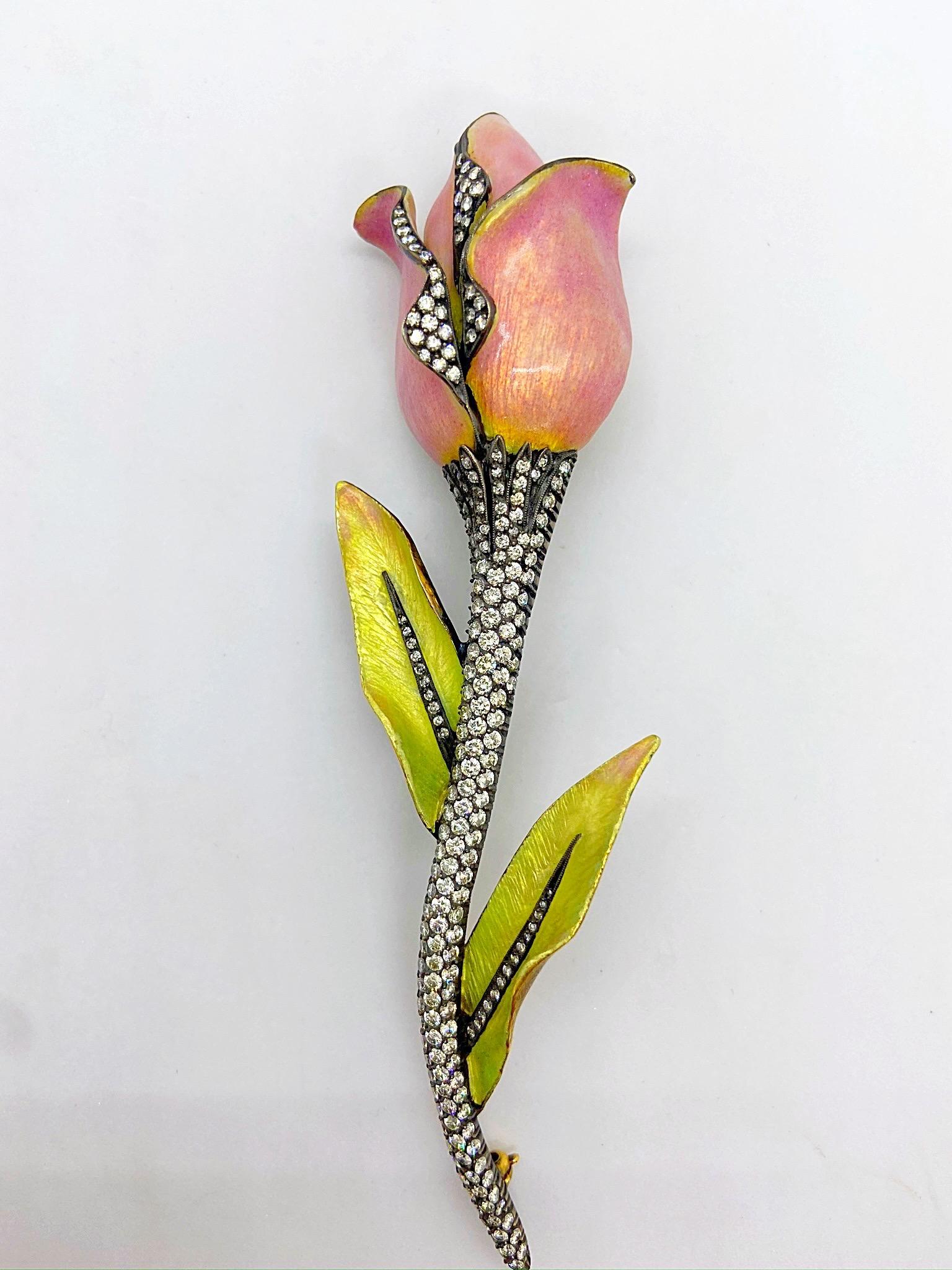 18 Karat Gold and Sterling Silver Enamel Rose Brooch with 4.31 Carat Diamonds In New Condition For Sale In New York, NY
