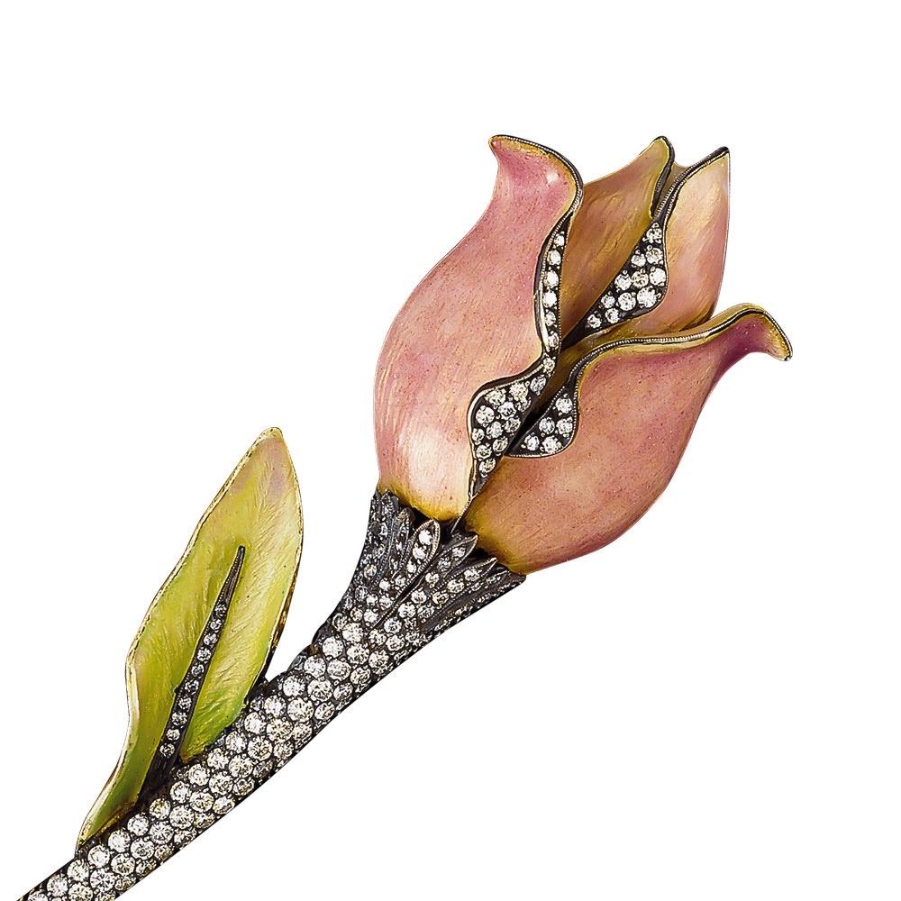 Women's or Men's 18 Karat Gold and Sterling Silver Enamel Rose Brooch with 4.31 Carat Diamonds For Sale