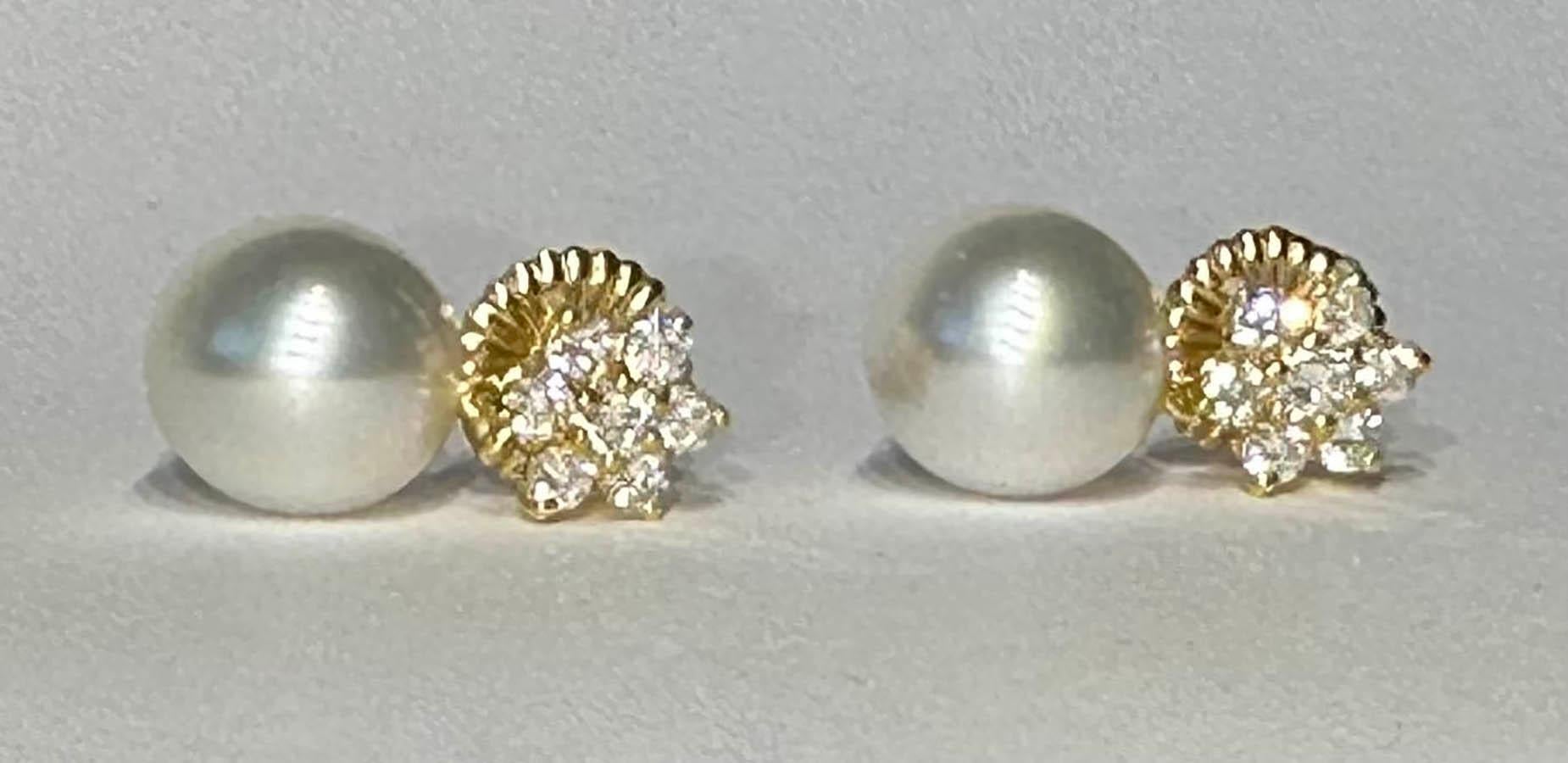 18kt Yellow Gold Stud Pearl & Diamond Earrings For Sale 5